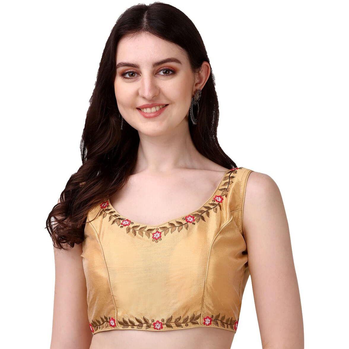 Pujia Mills Women's Silk Flower Embroidery Work Sleevless Readymade Saree Blouse (GK 51_Chiku_38)