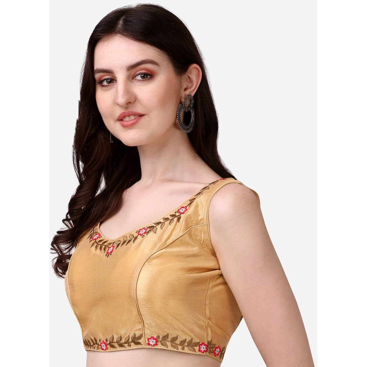 Pujia Mills Women's Silk Flower Embroidery Work Sleevless Readymade Saree Blouse (GK 51_Chiku_38)