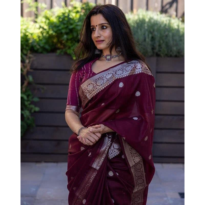Flosive Women's Kanjivaram Pure Zari Woven Soft Silk Saree With Blouse Piece Multicolor (MAROON M)