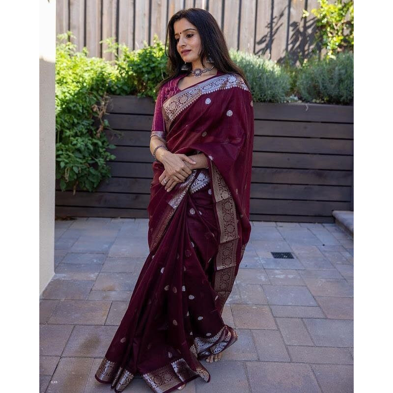 Flosive Women's Kanjivaram Pure Zari Woven Soft Silk Saree With Blouse Piece Multicolor (MAROON M)