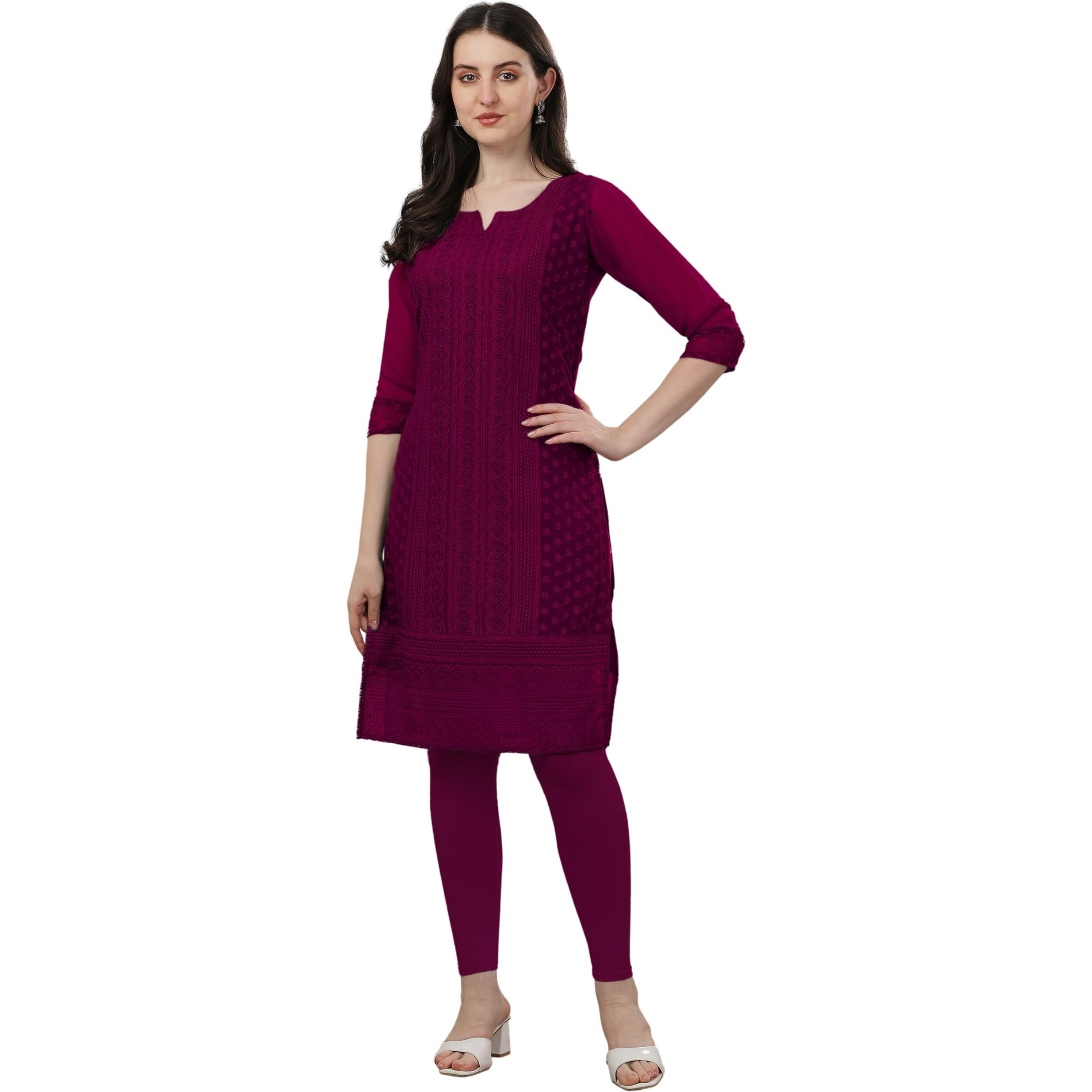 TRILLMIXA Women's Georgette Chikankari Embroidery Knee-Length Kurti for Girls Metallic