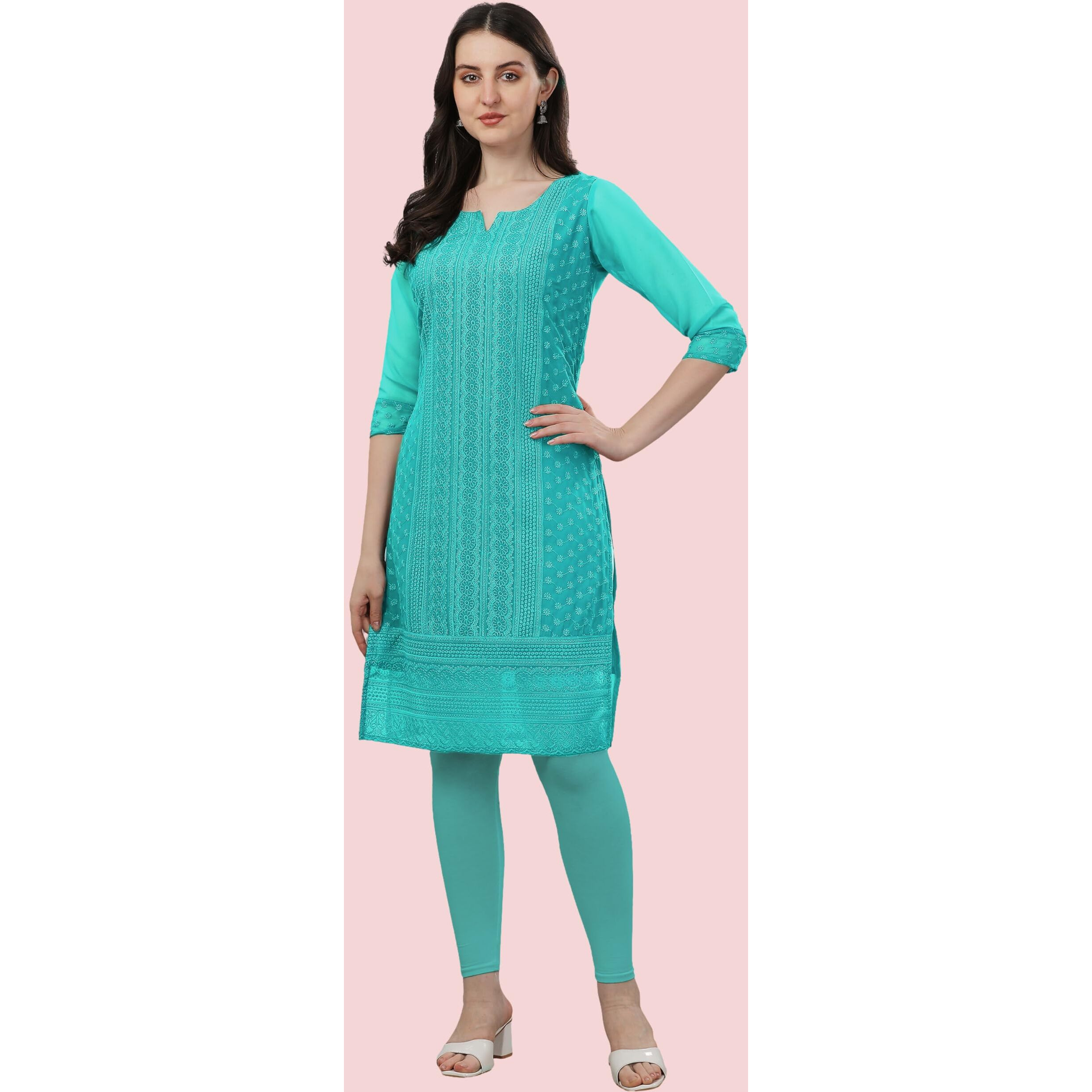 TRILLMIXA Women's Georgette Chikankari Embroidery Knee-Length Kurti for Girls Turquoise