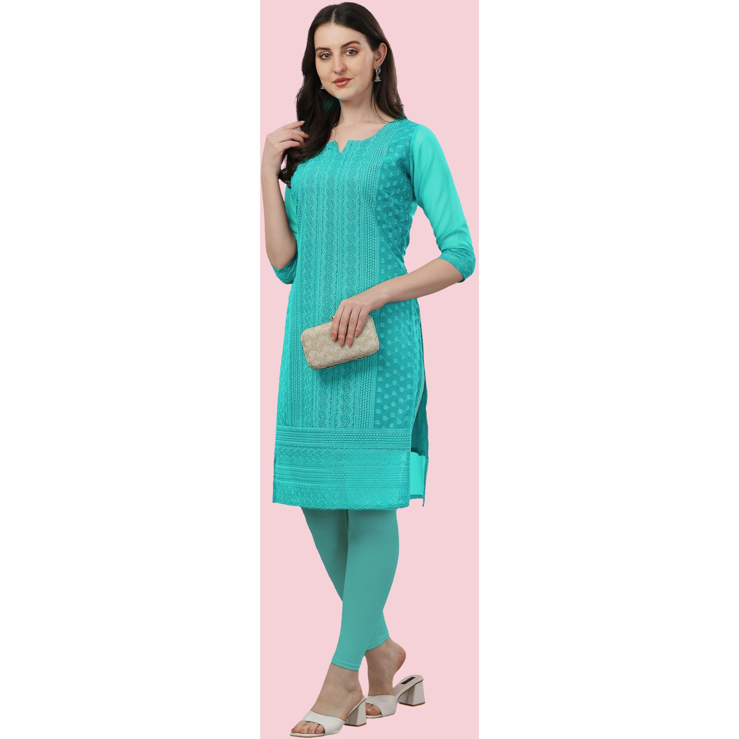 TRILLMIXA Women's Georgette Chikankari Embroidery Knee-Length Kurti for Girls Turquoise