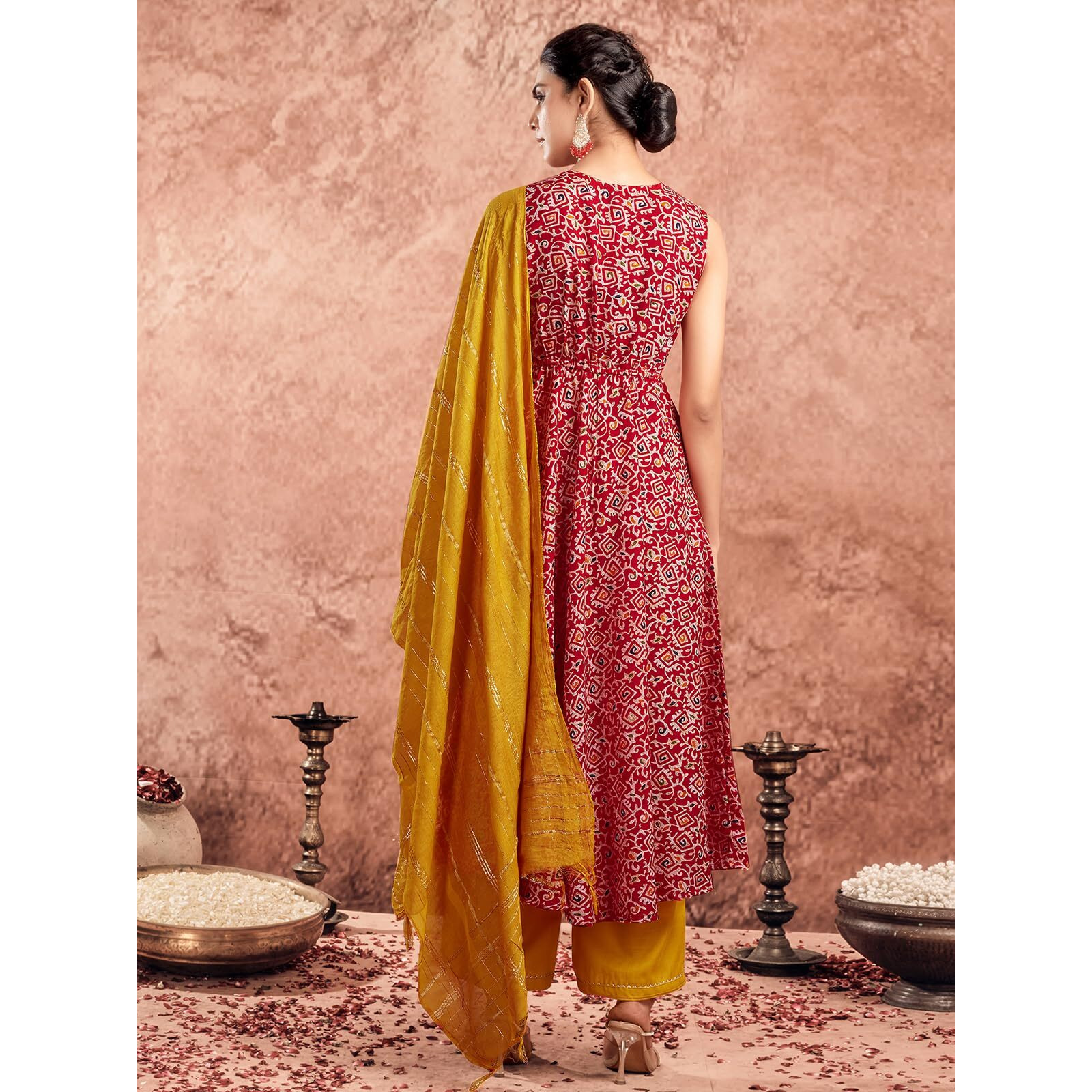Sanisa Women's Cotton Blend Digital Foil Printed Anarkali Kurta with Pant and Dupatta Set (67KBD767N-S_Red & Mustard & and Multi)
