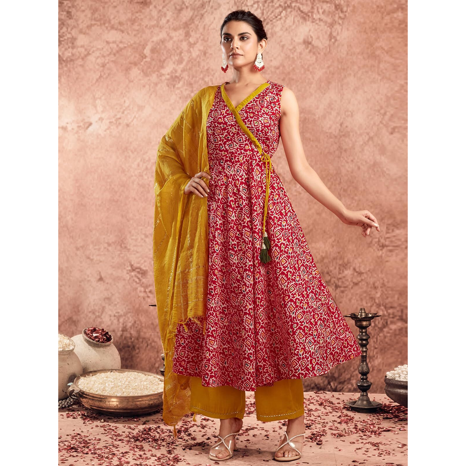 Sanisa Women's Cotton Blend Digital Foil Printed Anarkali Kurta with Pant and Dupatta Set (67KBD767N-S_Red & Mustard & and Multi)