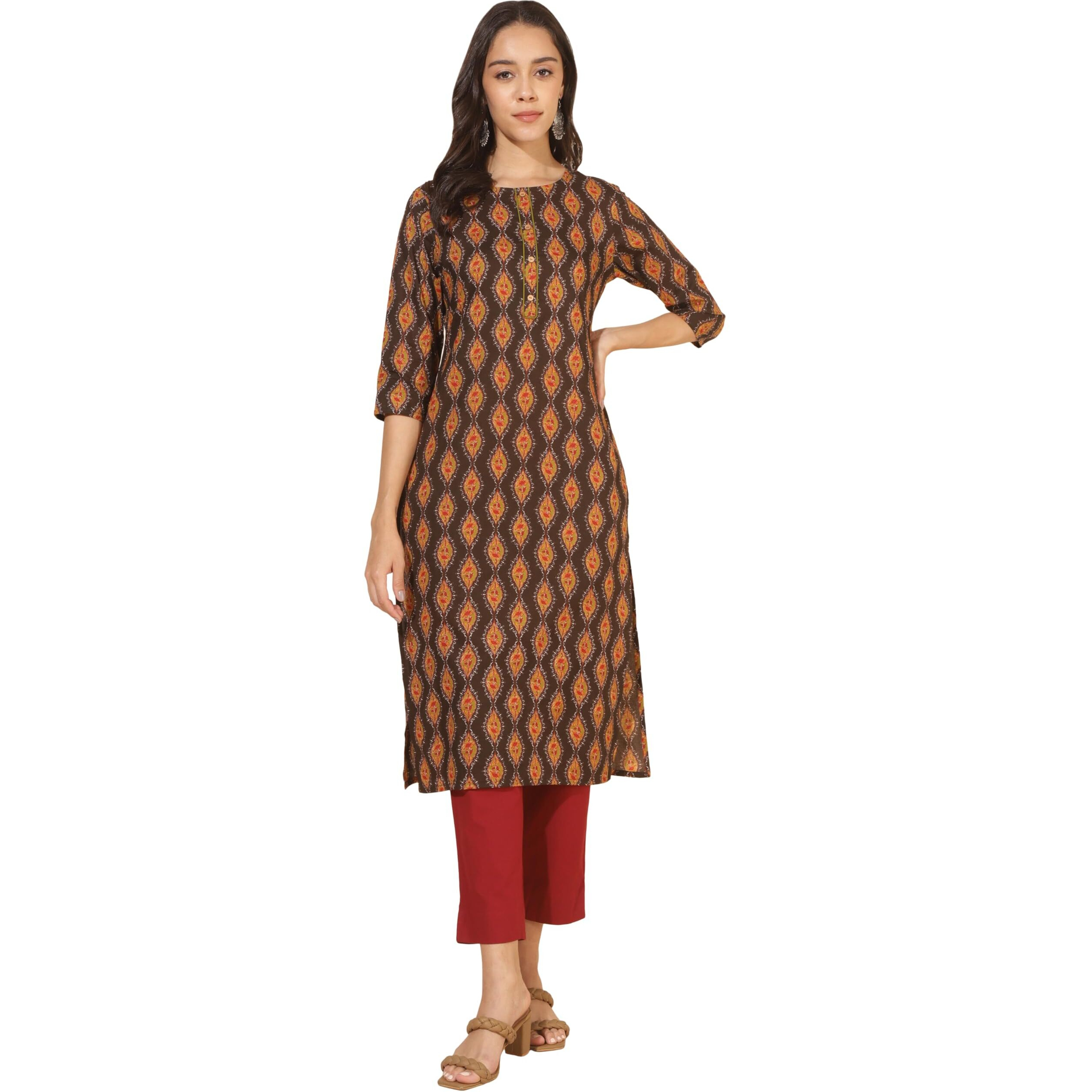 Janasya Women's Brown Cotton Printed Straight Kurta(JNE4363-KR-XL)