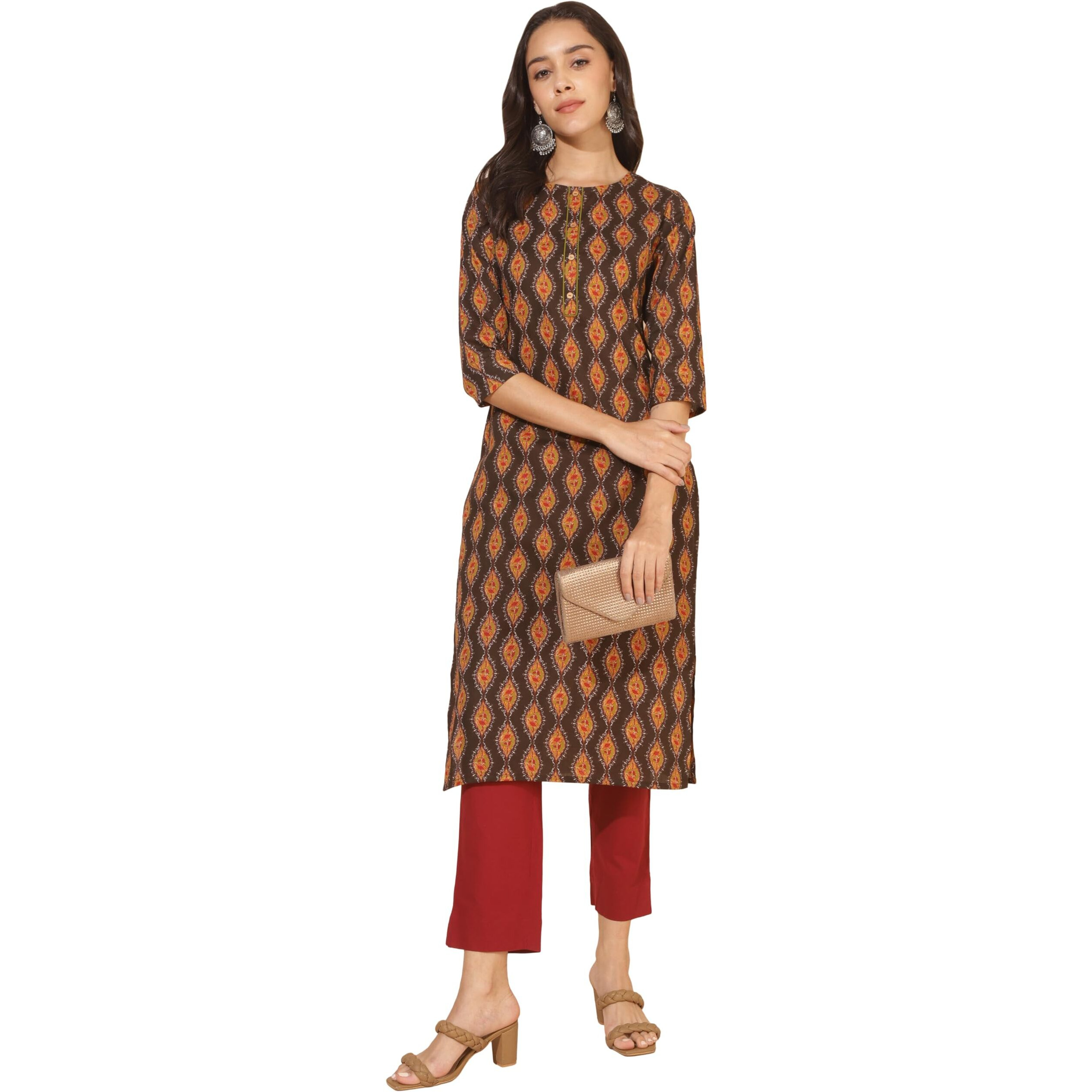 Janasya Women's Brown Cotton Printed Straight Kurta(JNE4363-KR-XL)