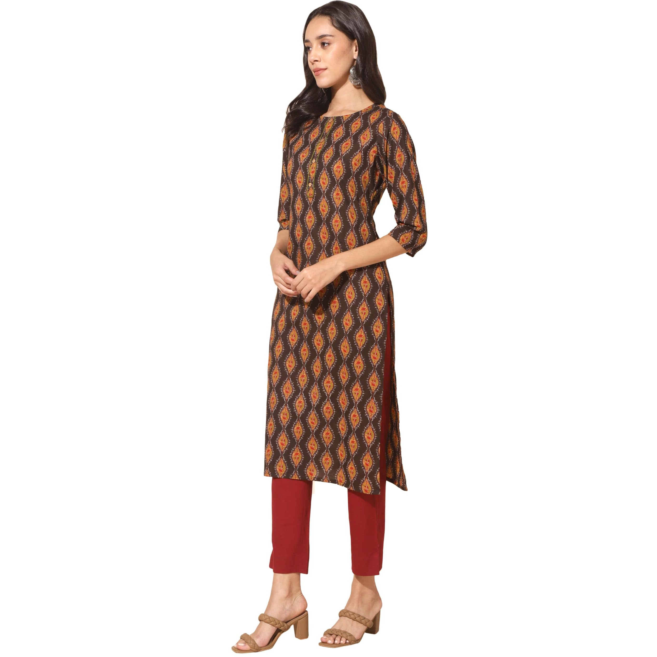 Janasya Women's Brown Cotton Printed Straight Kurta(JNE4363-KR-XL)