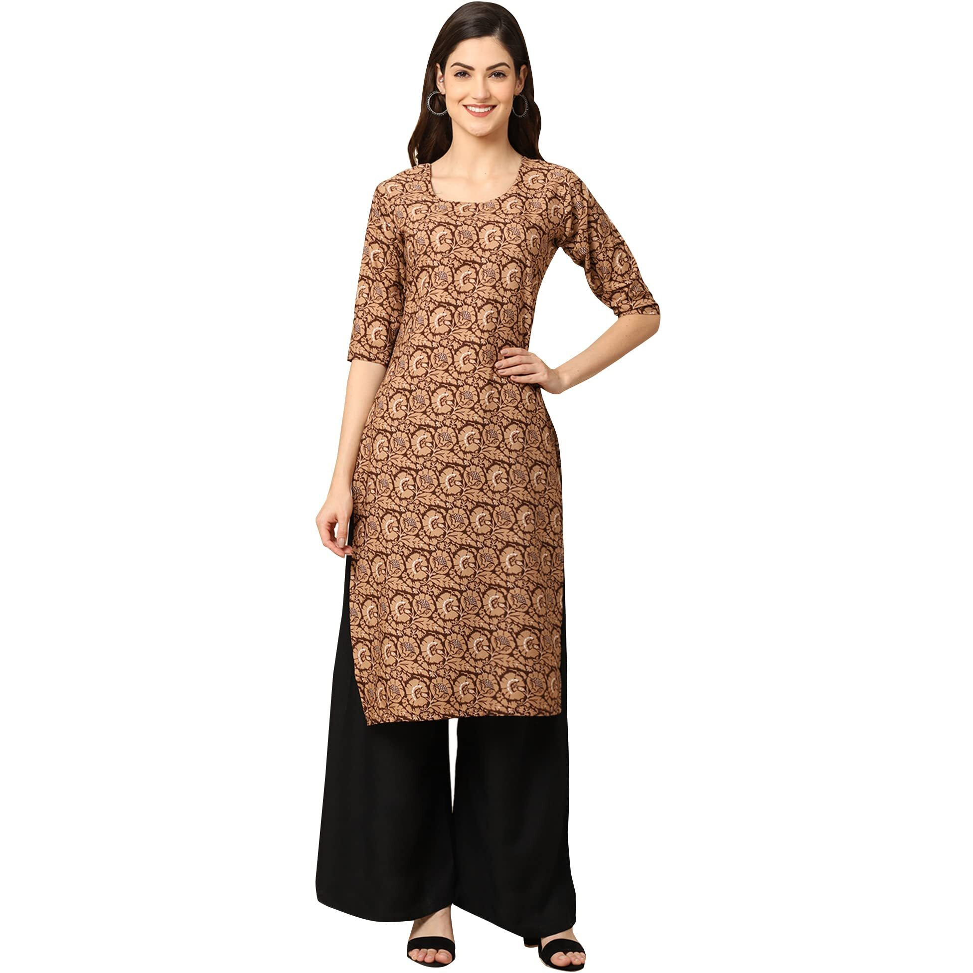 Pinkmint Women's Crepe Brown Color Ethnic Motif Printed Straight Kurti(MB-530379-XXL)