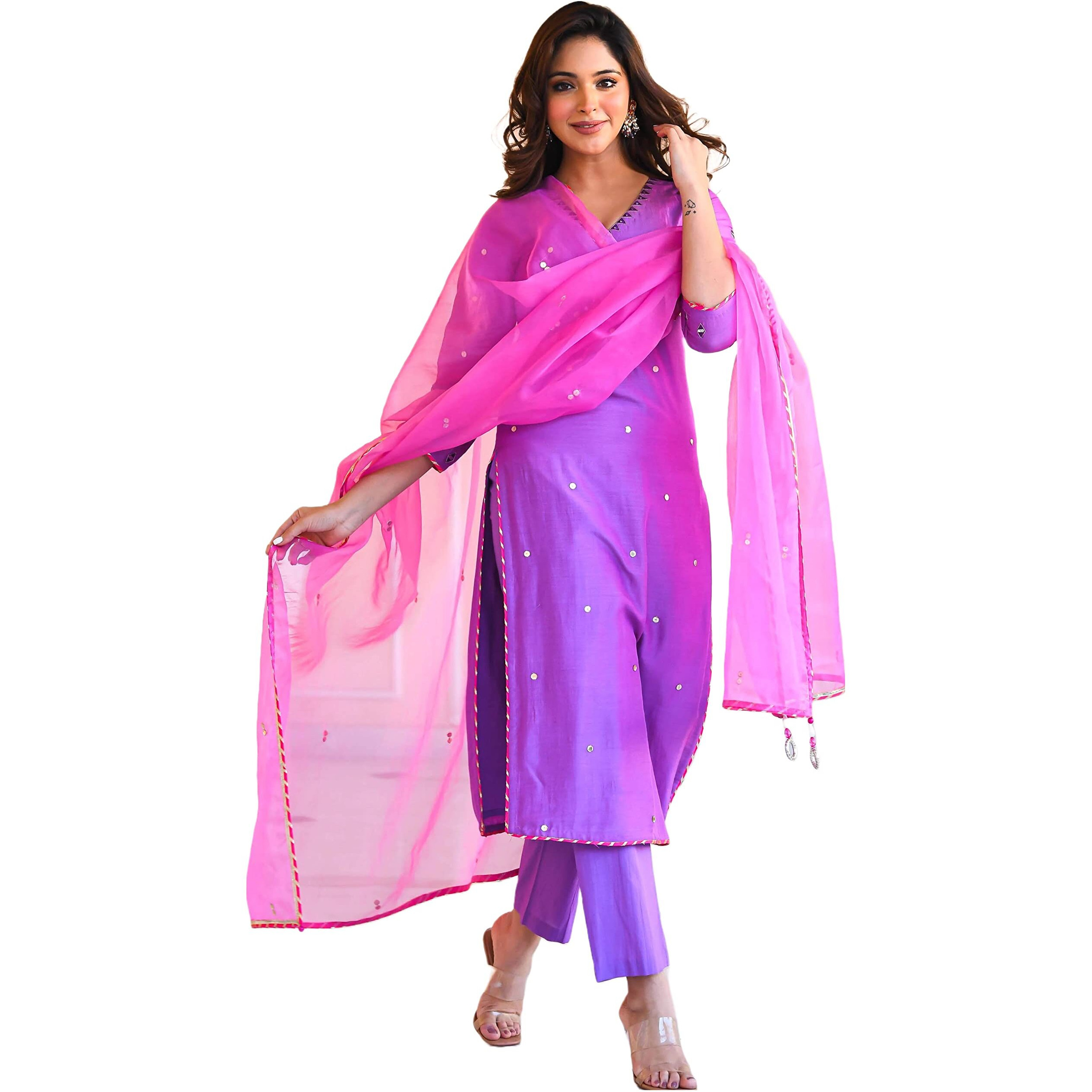 GoSriKi Women's Cotton Blend Straight Mirror Work Kurta with Pant & Dupatta (Mirror-Purple-GS_XXL_Purple_XX-Large)