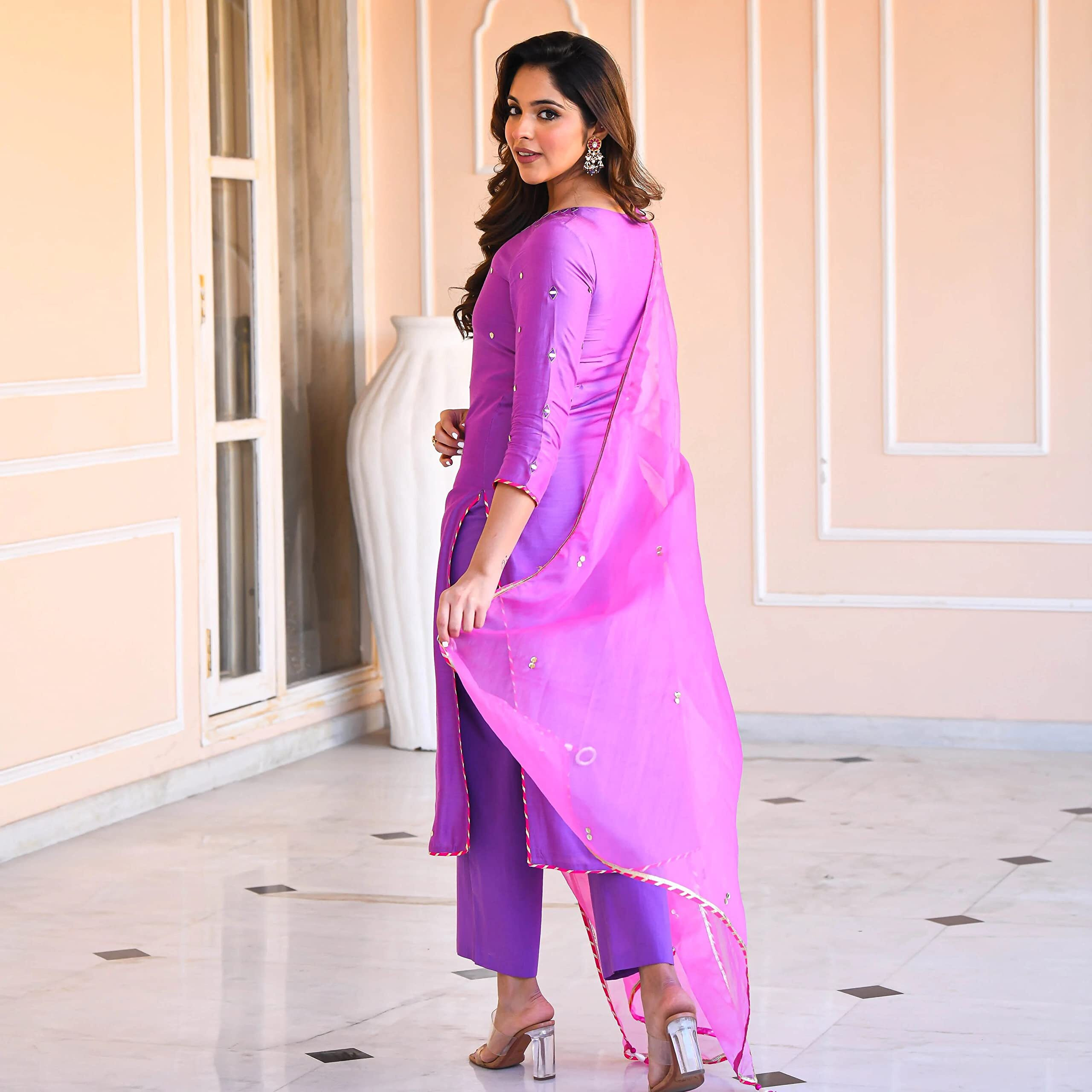 GoSriKi Women's Cotton Blend Straight Mirror Work Kurta with Pant & Dupatta (Mirror-Purple-GS_XXL_Purple_XX-Large)