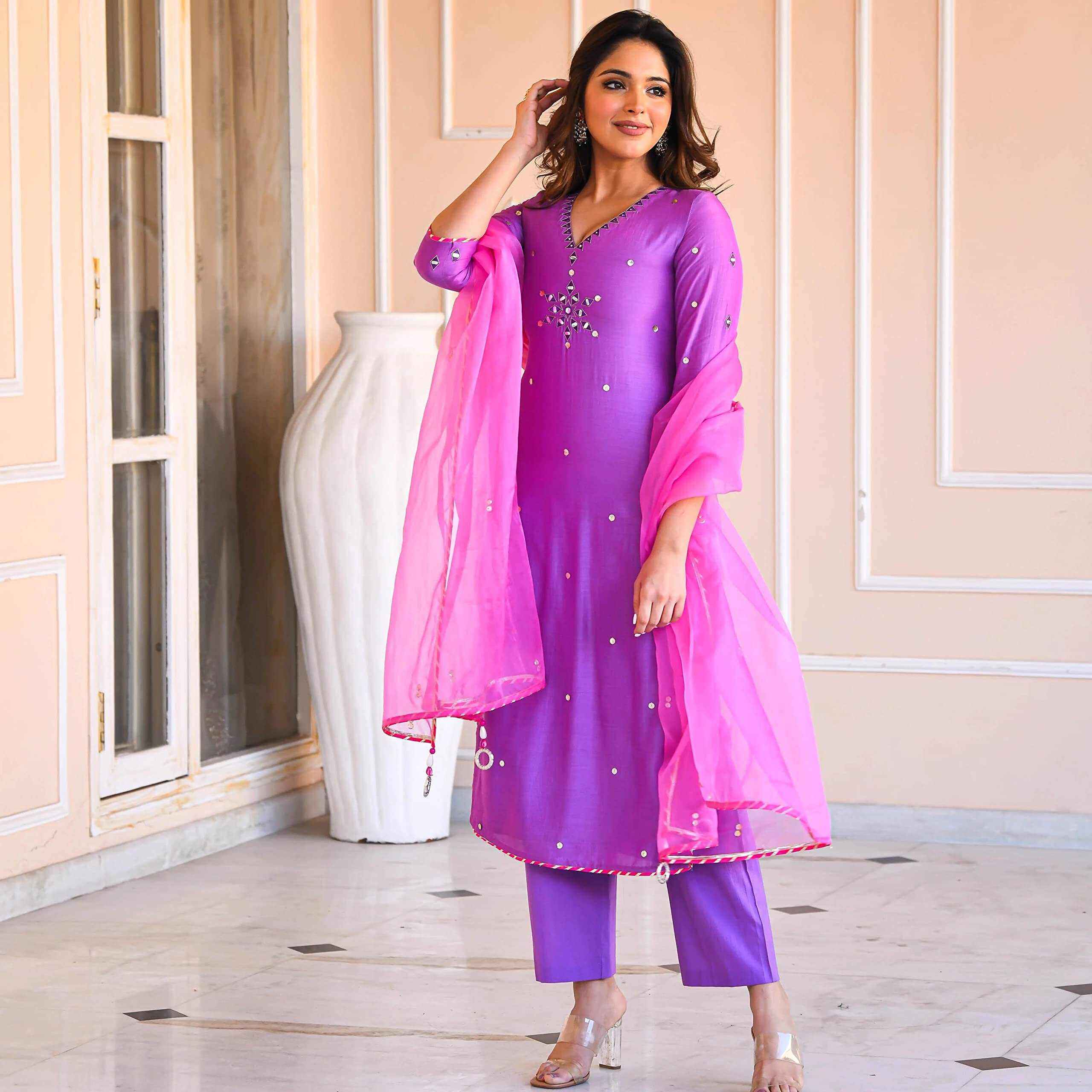 GoSriKi Women's Cotton Blend Straight Mirror Work Kurta with Pant & Dupatta (Mirror-Purple-GS_XXL_Purple_XX-Large)