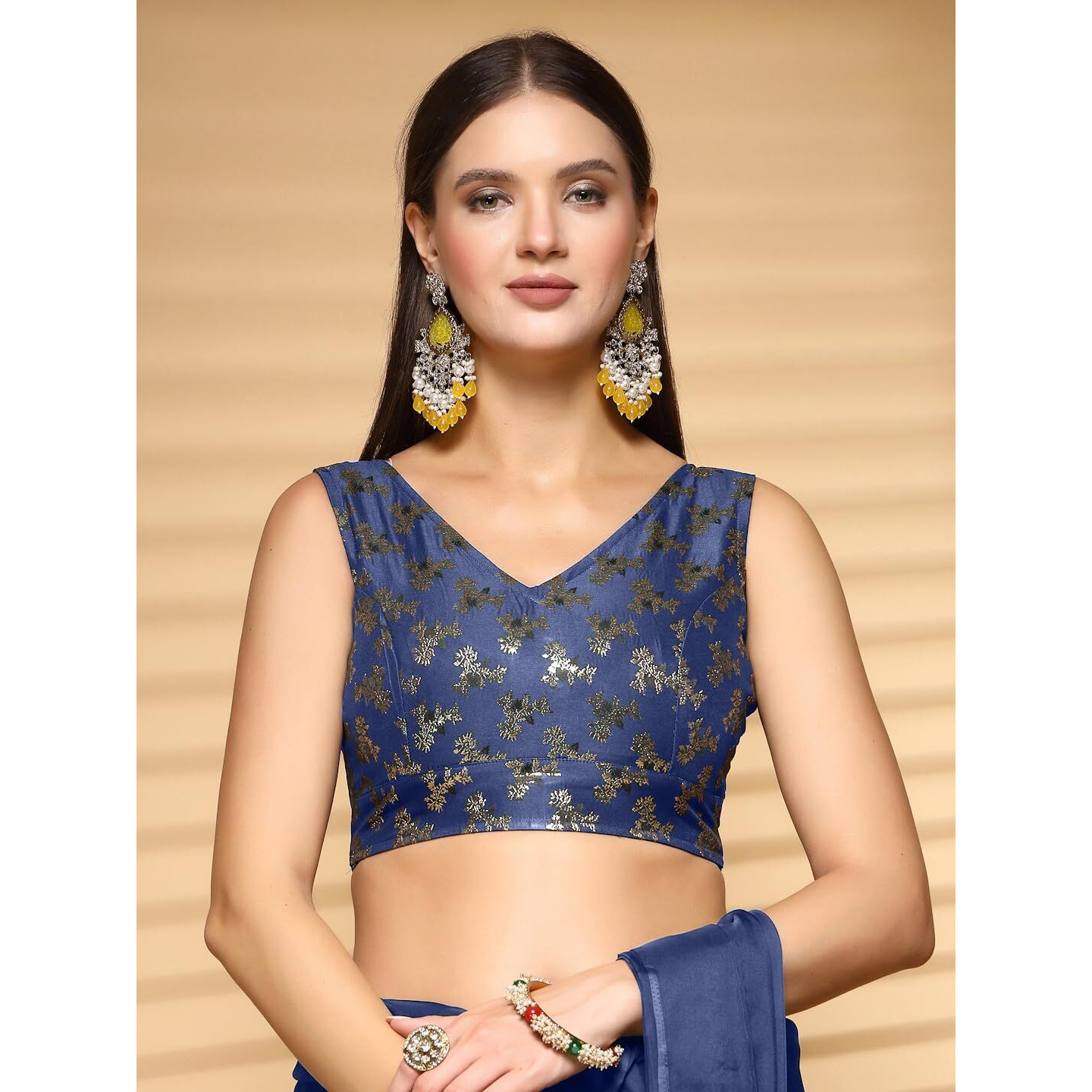 OOMPH Readymade Blouse for Women, Brocade, Sleeveless, V-Neck, rbbl652