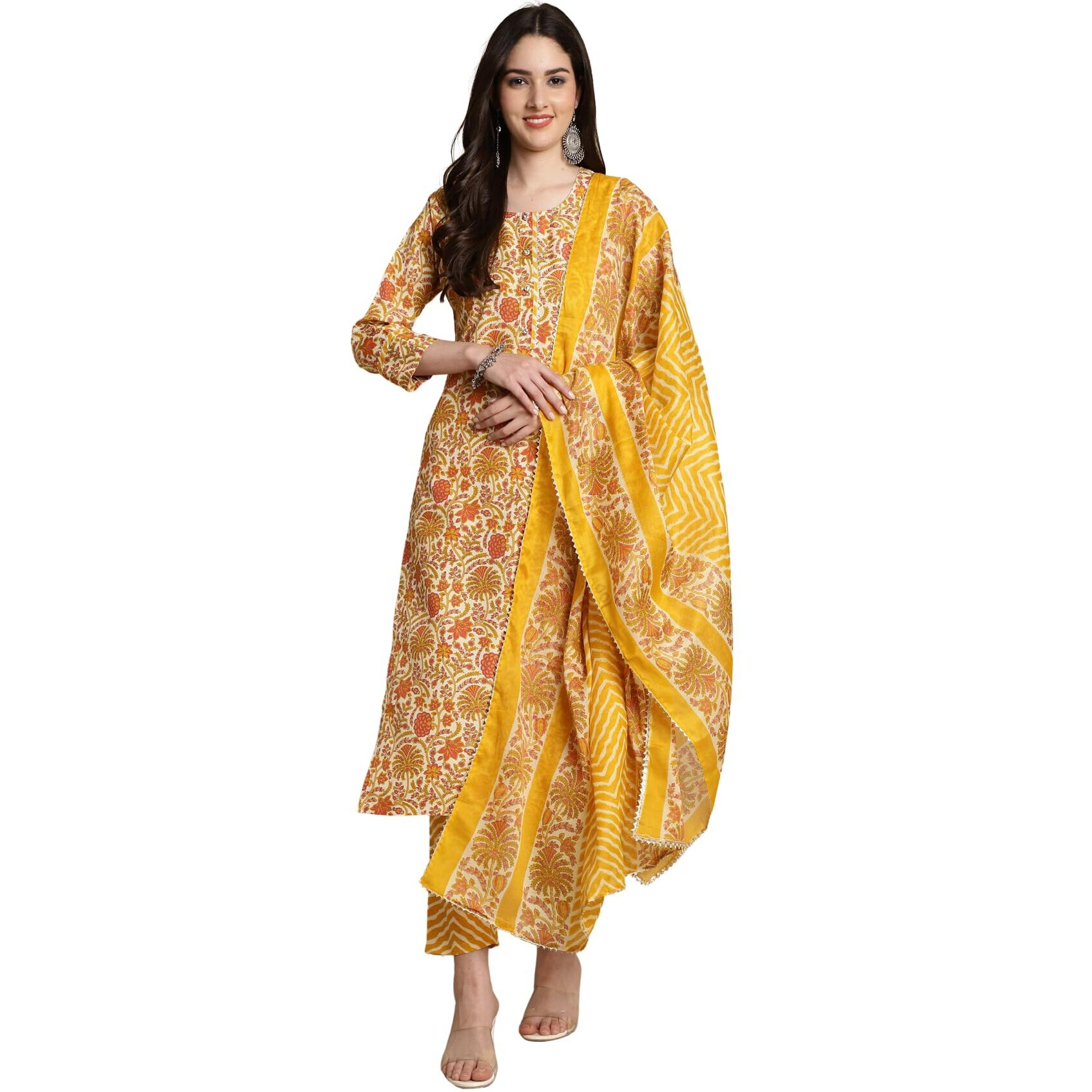 Merira Women's Pure Cotton Jaipuri Printed Kurta Set with Dupatta (MRAST202-L_Yellow & Orange_L)