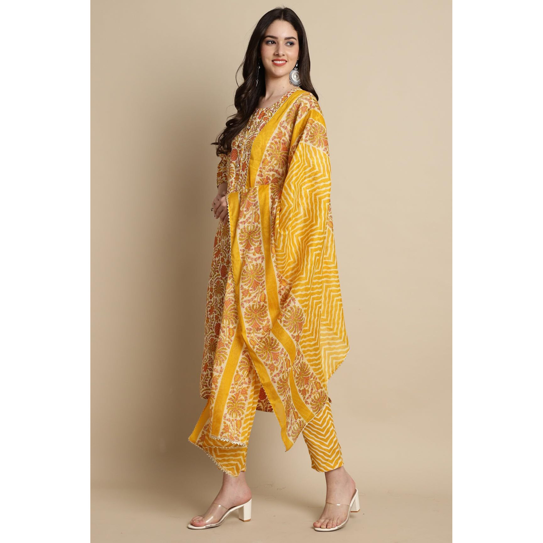 Merira Women's Pure Cotton Jaipuri Printed Kurta Set with Dupatta (MRAST202-L_Yellow & Orange_L)
