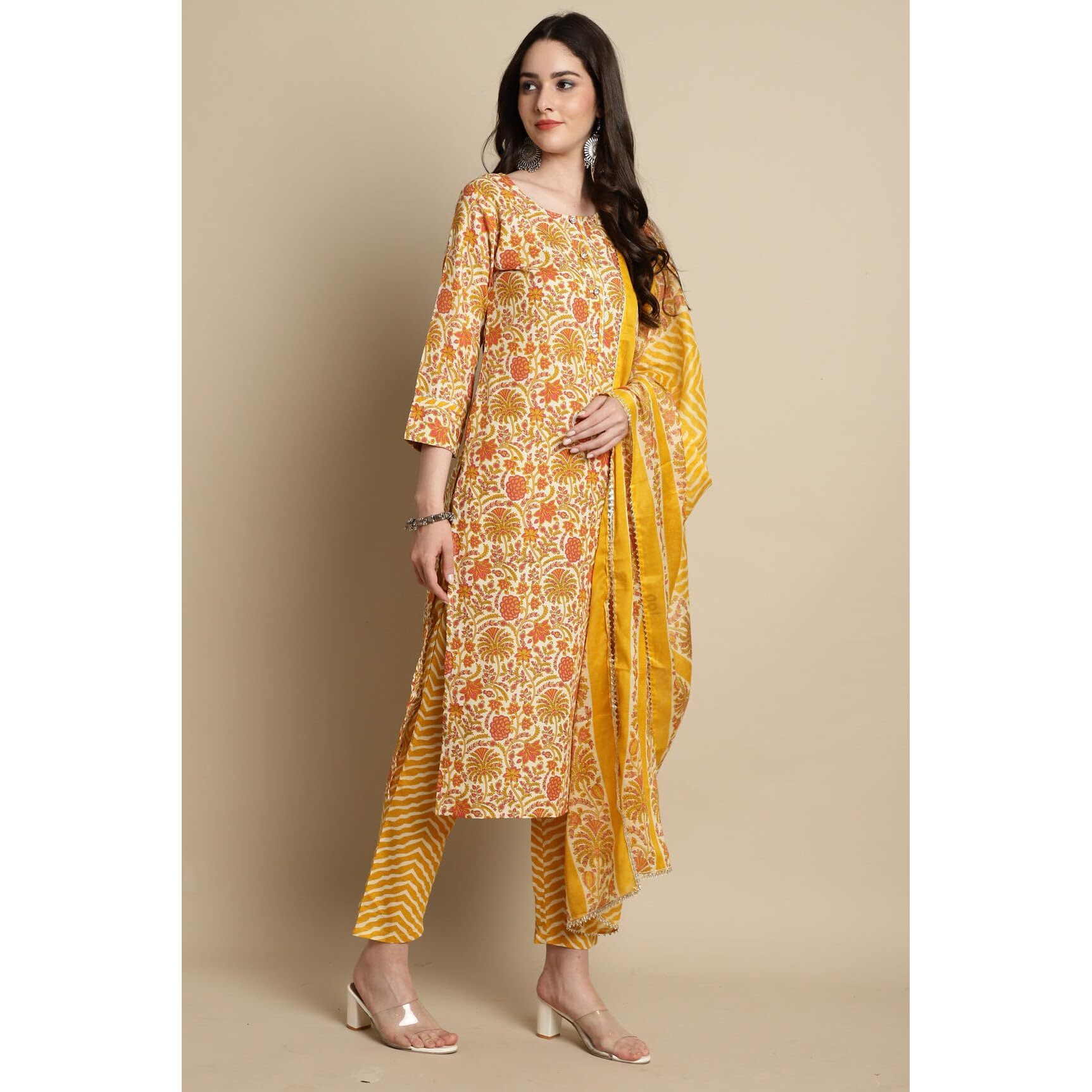 Merira Women's Pure Cotton Jaipuri Printed Kurta Set with Dupatta (MRAST202-L_Yellow & Orange_L)