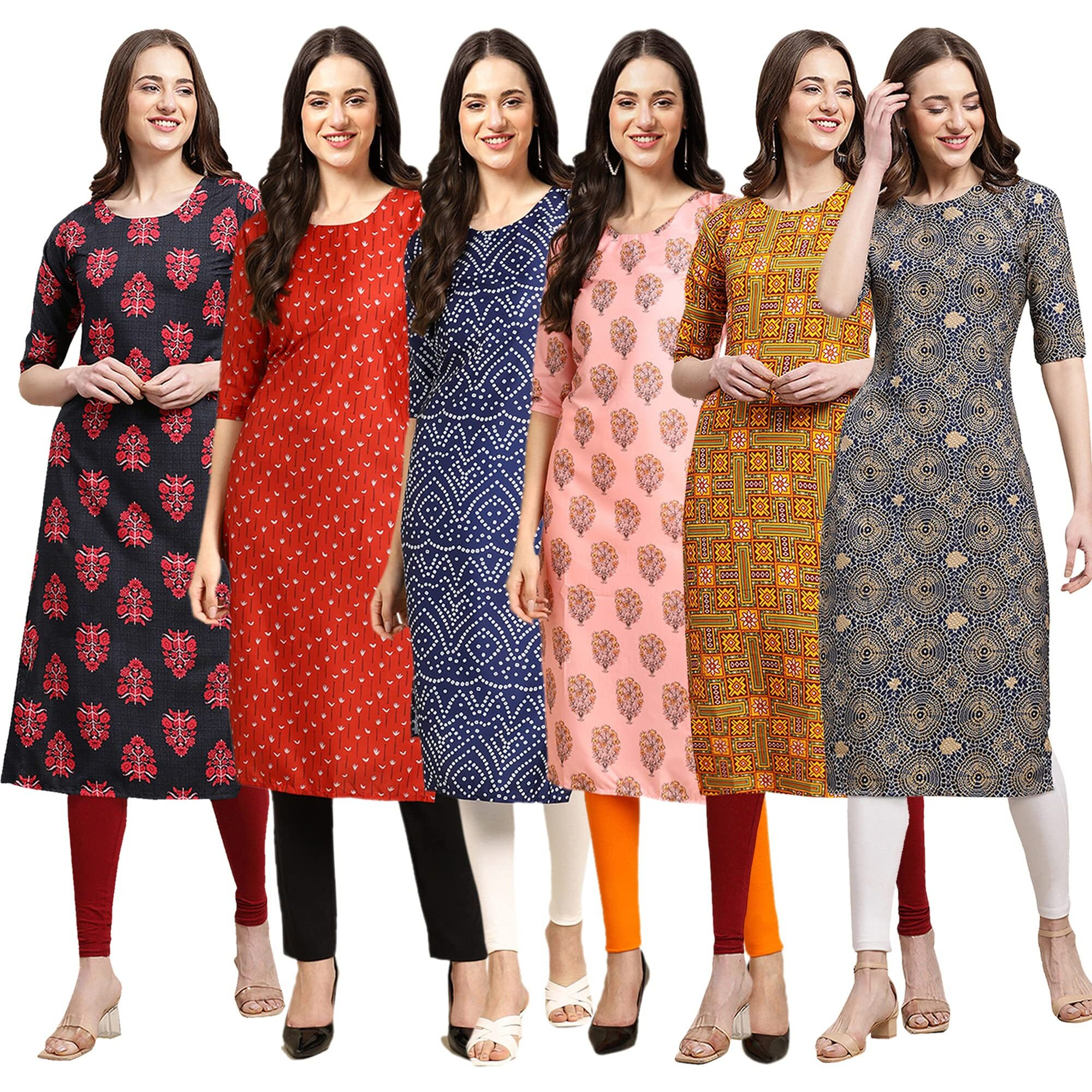 Pinkmint Women's Crepe Digital Print Straight Kurta [Pack of 6] (MJ-345-370-366-368-333-341-M)