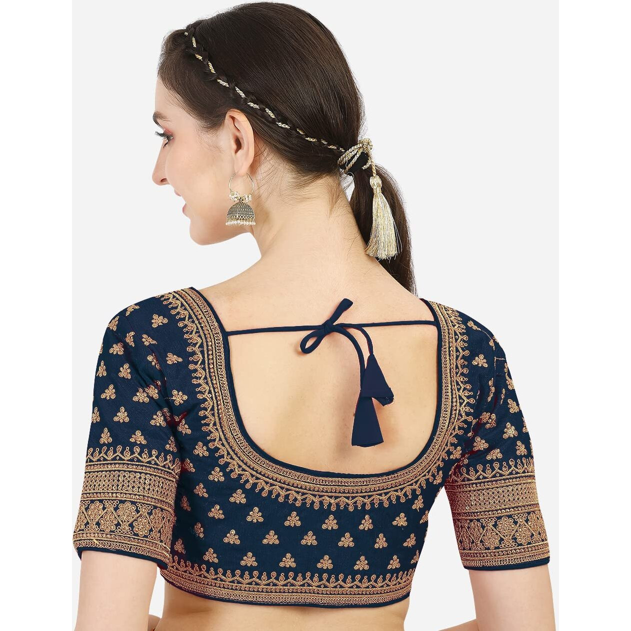 Pujia Mills Women's Silk Embroidery Sequins Work Readymade Saree Blouse