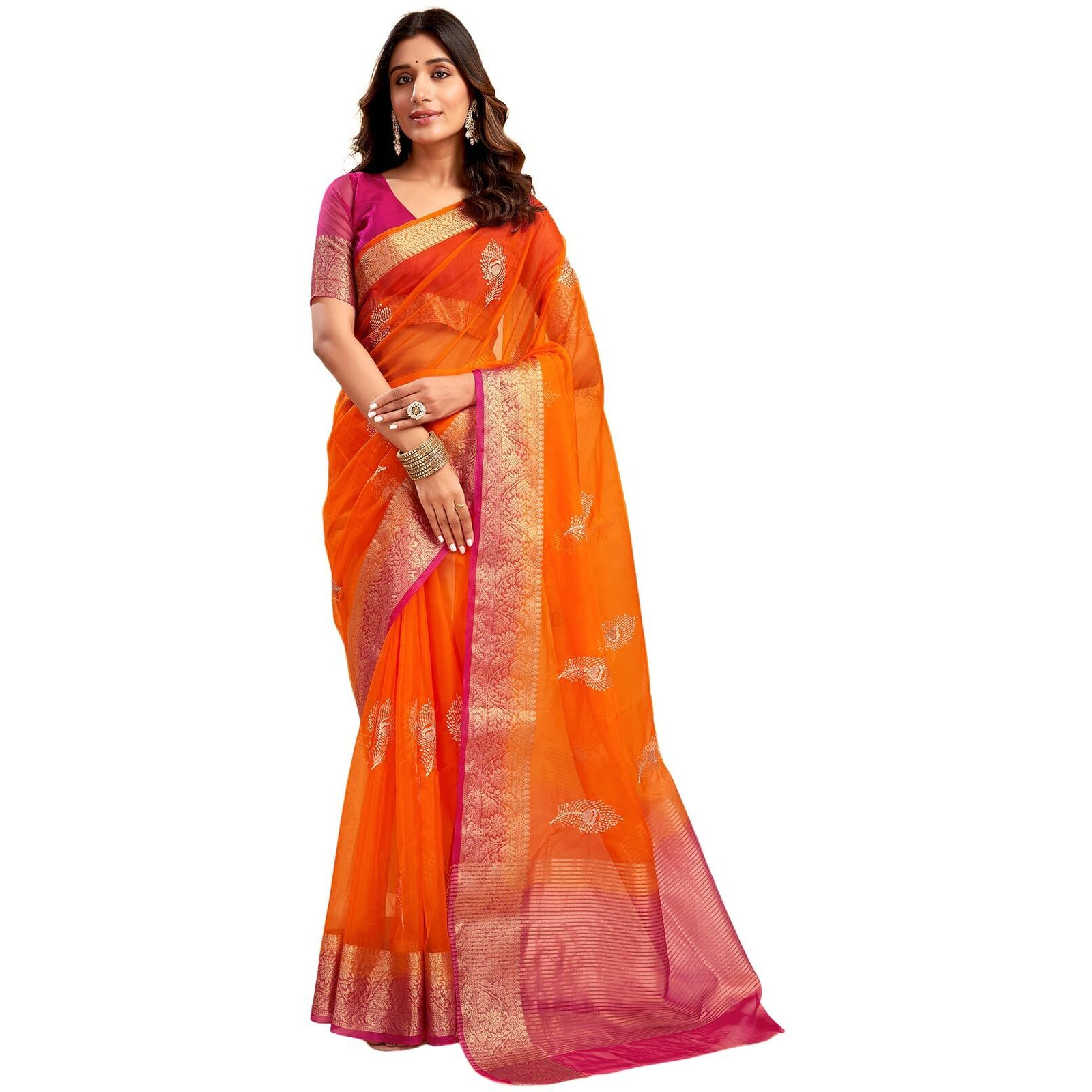 Satrani Women's Organza Sequins Embroidery Jacquard Saree with Unstitched Blouse Piece (4031S658N_Orange)