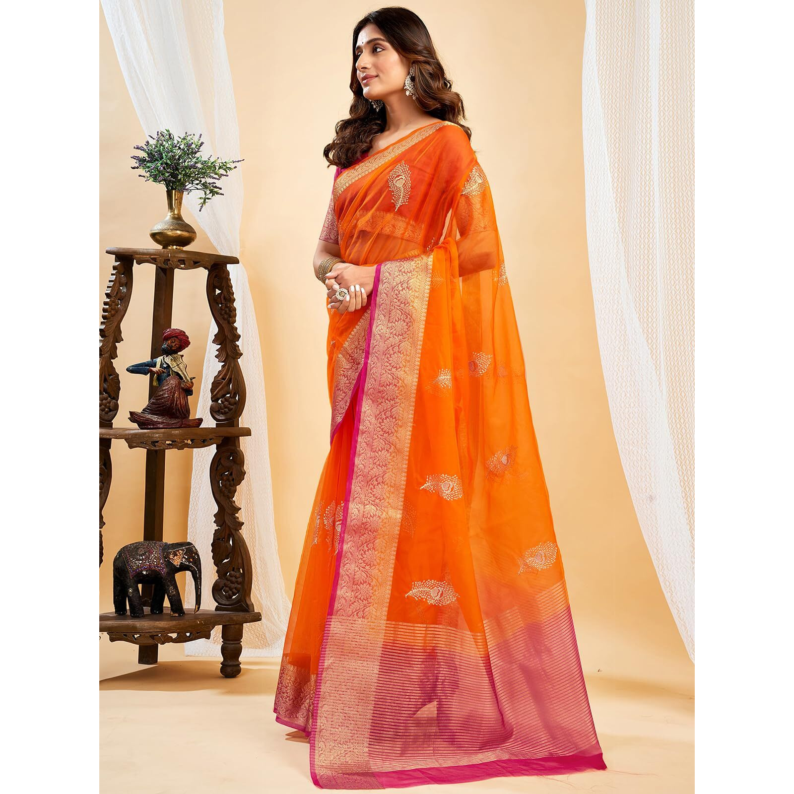 Satrani Women's Organza Sequins Embroidery Jacquard Saree with Unstitched Blouse Piece (4031S658N_Orange)