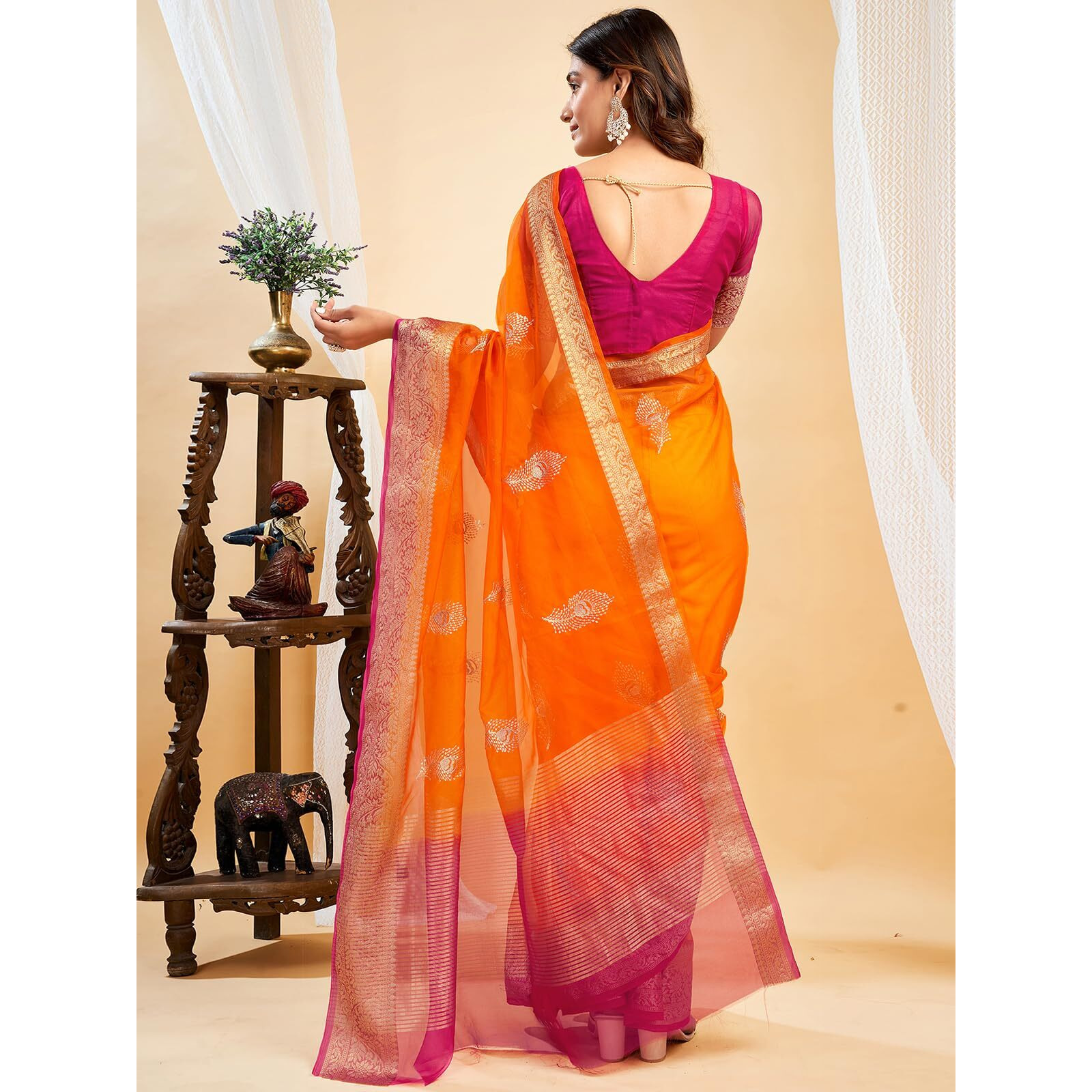Satrani Women's Organza Sequins Embroidery Jacquard Saree with Unstitched Blouse Piece (4031S658N_Orange)