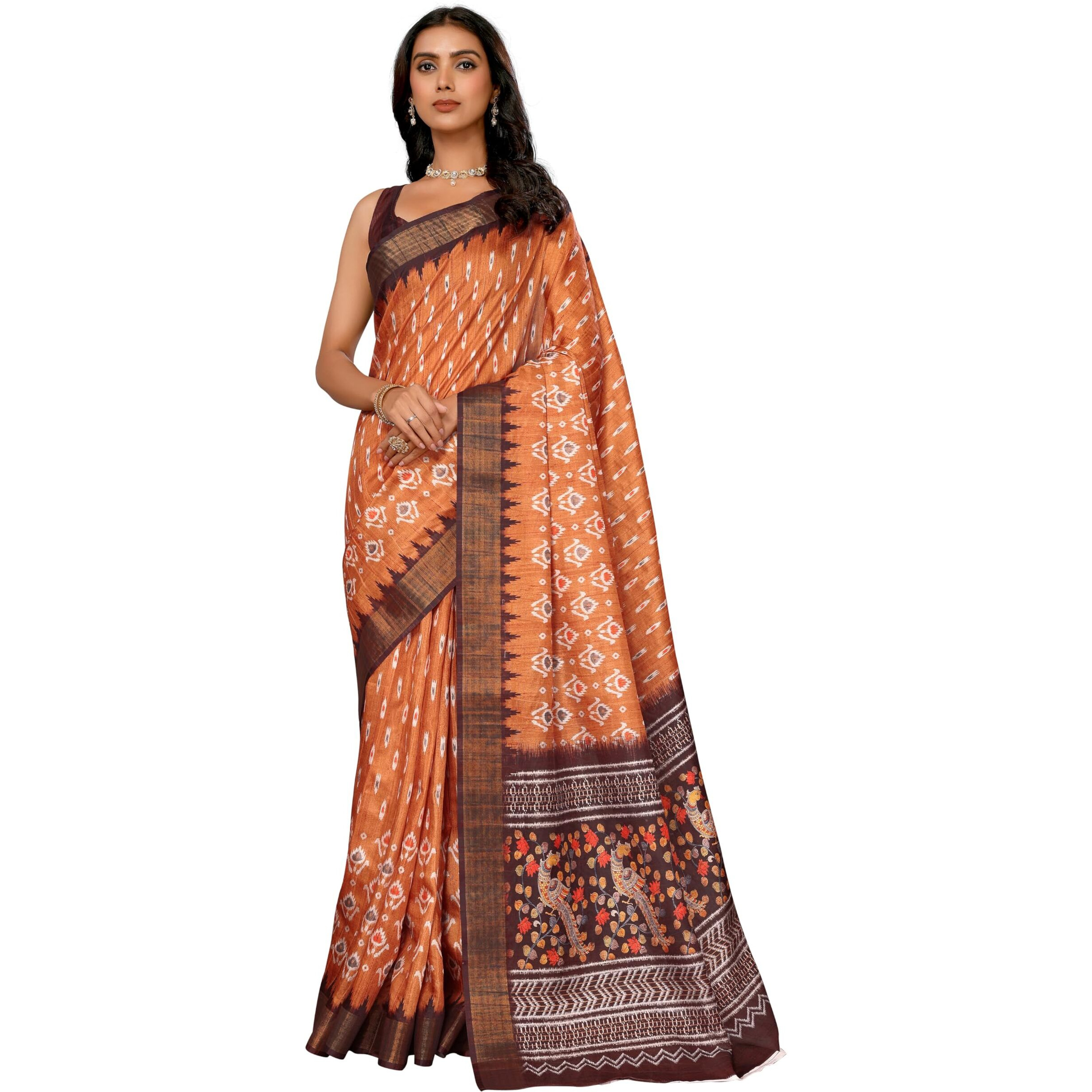 Janasya Women's Orange Chanderi Silk Ikkat Printed Chanderi Saree with Blouse Piece (SAR503-J)