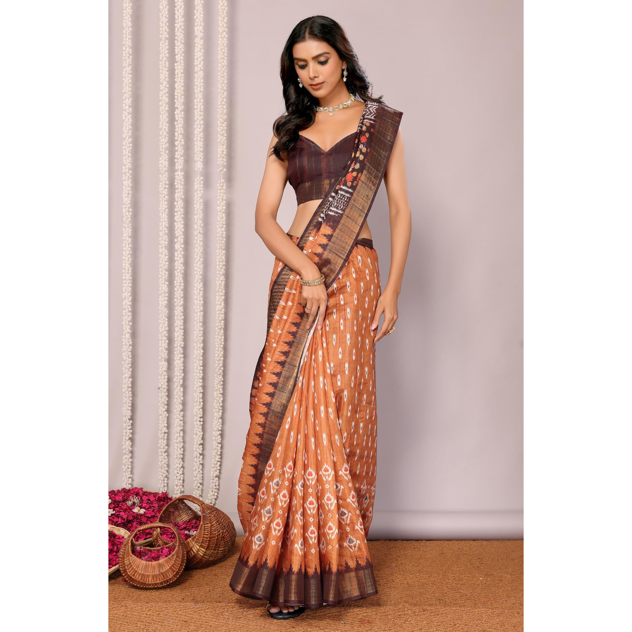 Janasya Women's Orange Chanderi Silk Ikkat Printed Chanderi Saree with Blouse Piece (SAR503-J)