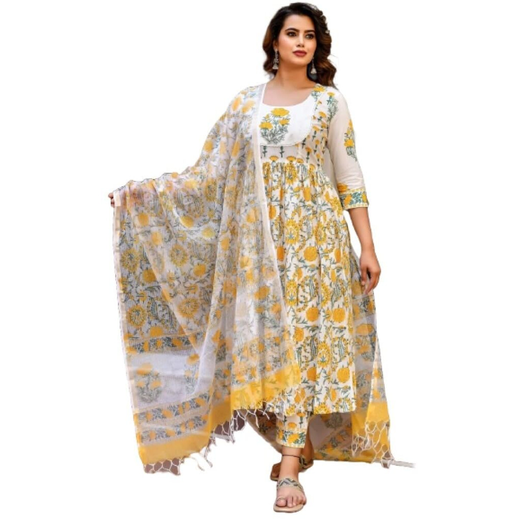 Nermosa Women's Viscose Block Printed Anarkali Kurta and Pant with Dupatta Ethnic Set (Yellow) Size Small - Y1002_NM