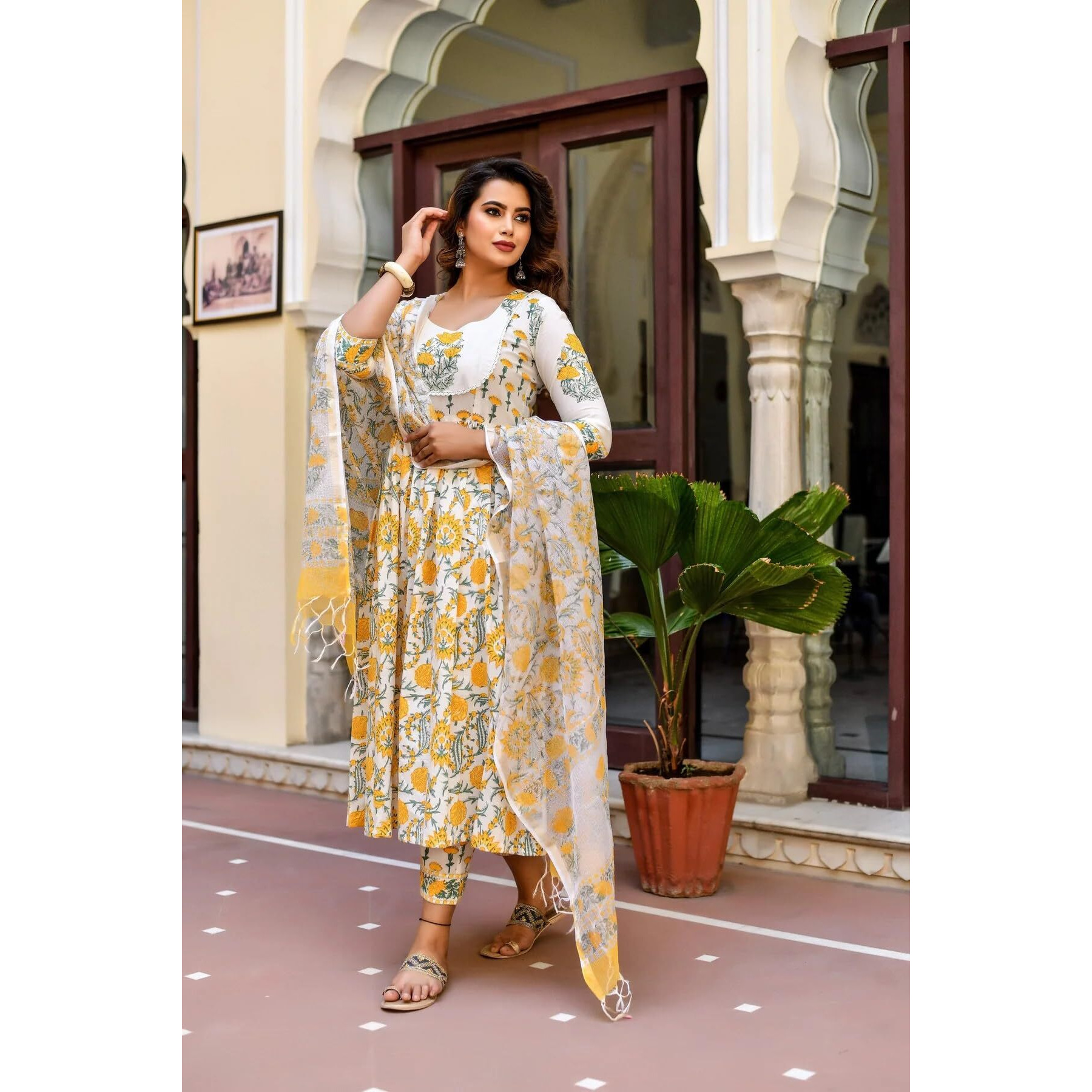 Nermosa Women's Viscose Block Printed Anarkali Kurta and Pant with Dupatta Ethnic Set (Yellow) Size Small - Y1002_NM