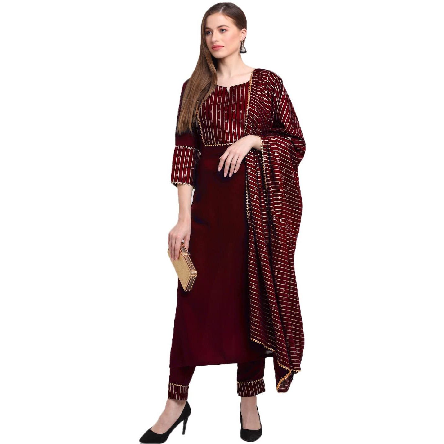 GoSriKi Women's Cotton Straight Kurta with Pant & Dupatta (CHHAVI-Wine_L-GO_Purple_Large)