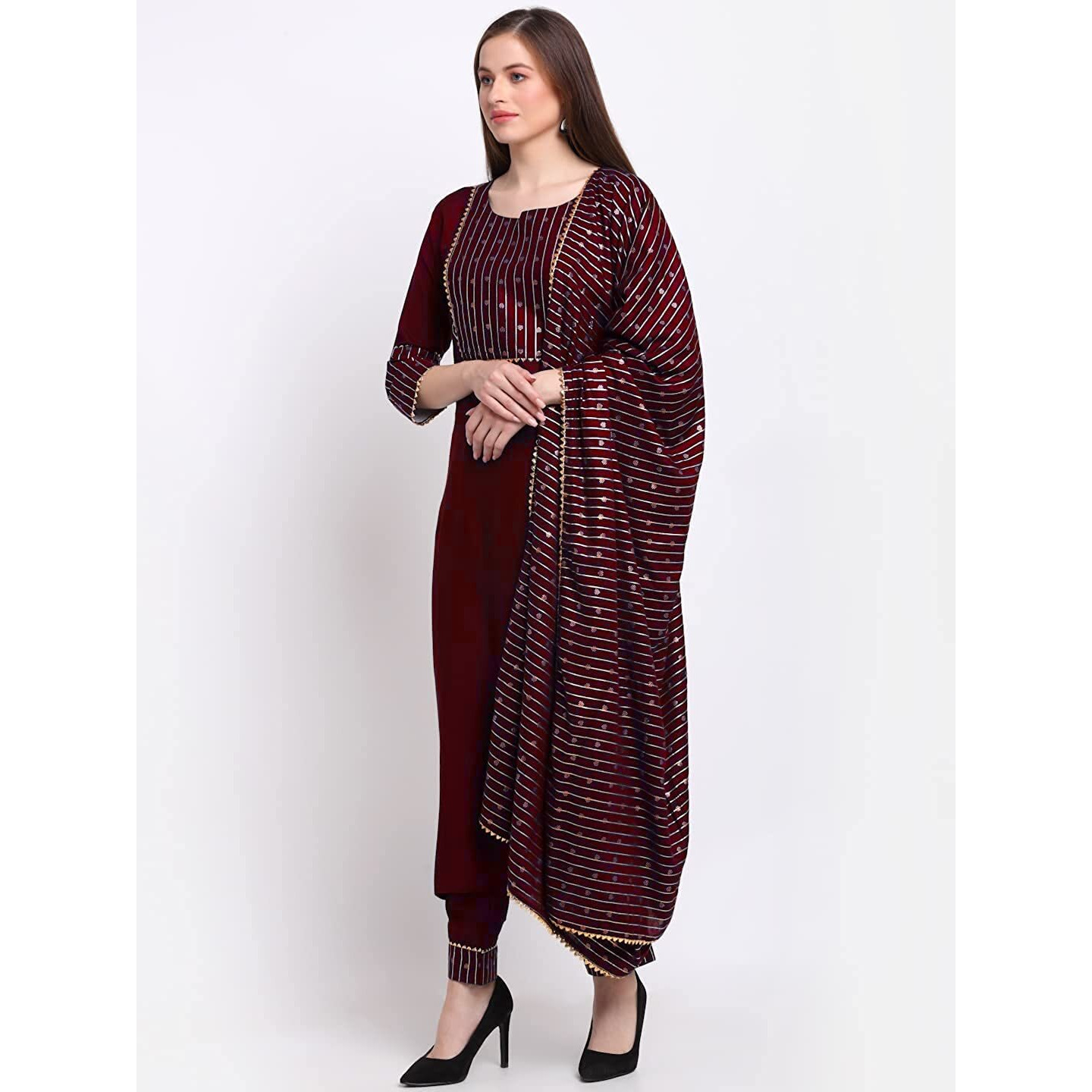 GoSriKi Women's Cotton Straight Kurta with Pant & Dupatta (CHHAVI-Wine_L-GO_Purple_Large)