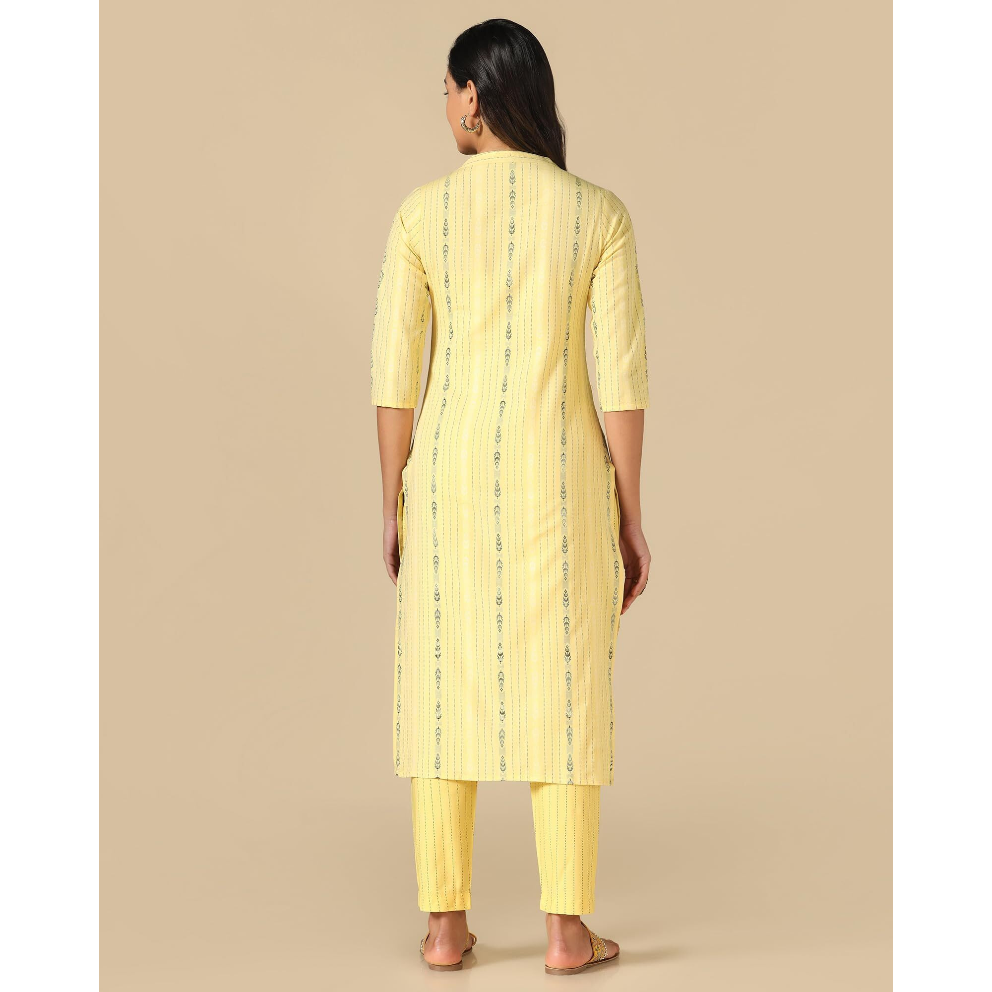 Hritika Woven Self Design Cotton Blend Yellow Kurta & Trousers Set_(HRKB0053YLW_L)