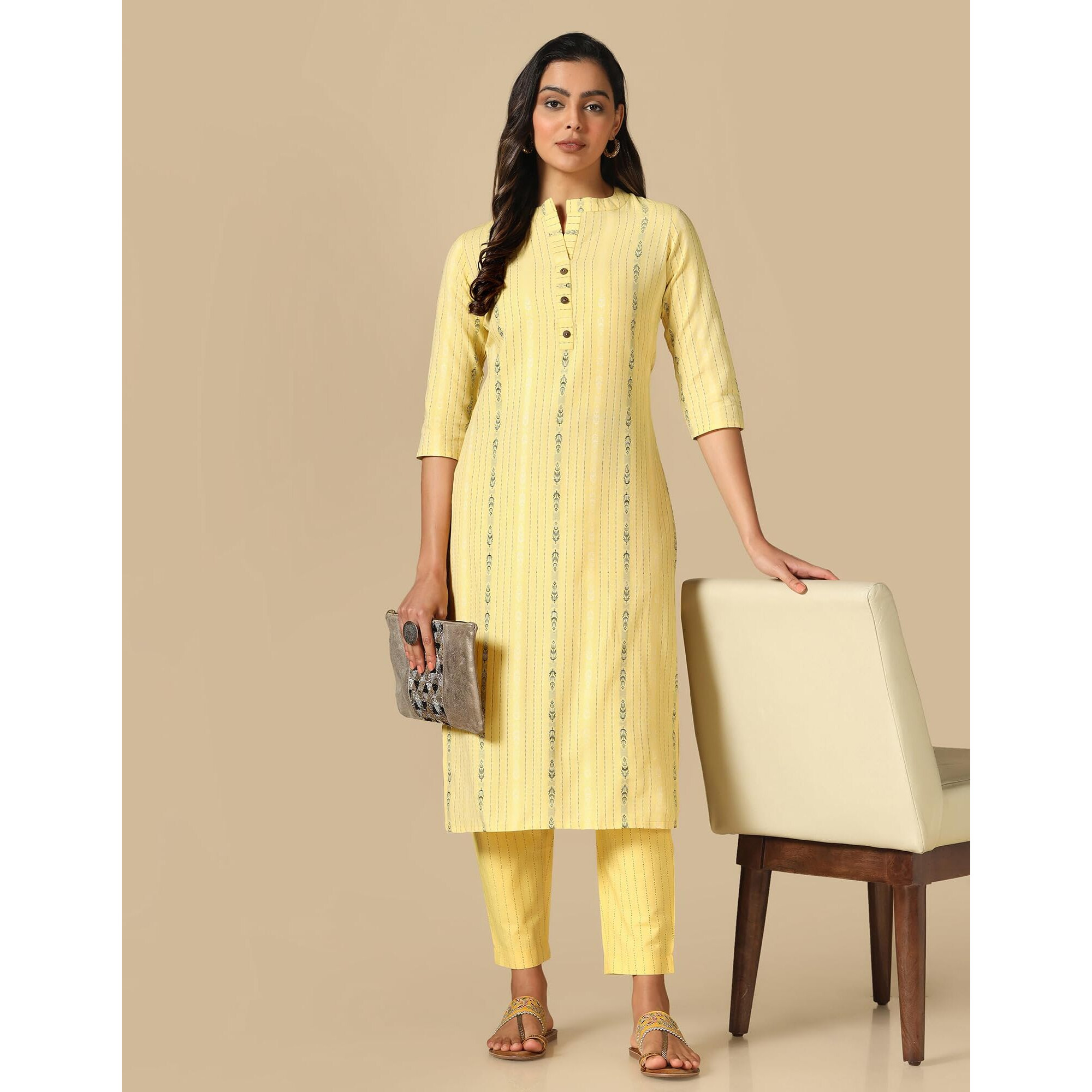 Hritika Woven Self Design Cotton Blend Yellow Kurta & Trousers Set_(HRKB0053YLW_L)
