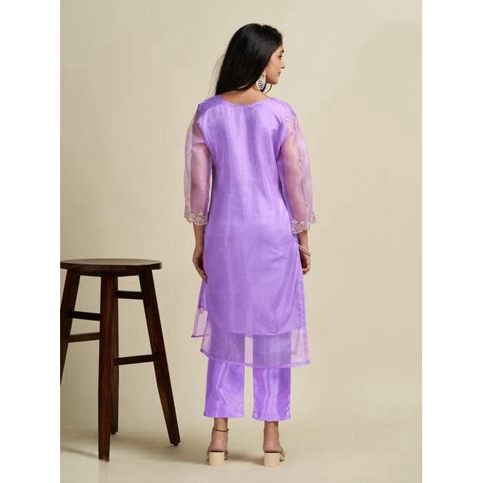 BHARVITA Women's Organza with Cotton Lining Embroidered and Printed Straight Kurta with Rayon Pant and Organza Laced Dupatta Sets (in, Alpha, S, Regular, Violet)
