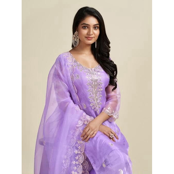 BHARVITA Women's Organza with Cotton Lining Embroidered and Printed Straight Kurta with Rayon Pant and Organza Laced Dupatta Sets (in, Alpha, S, Regular, Violet)