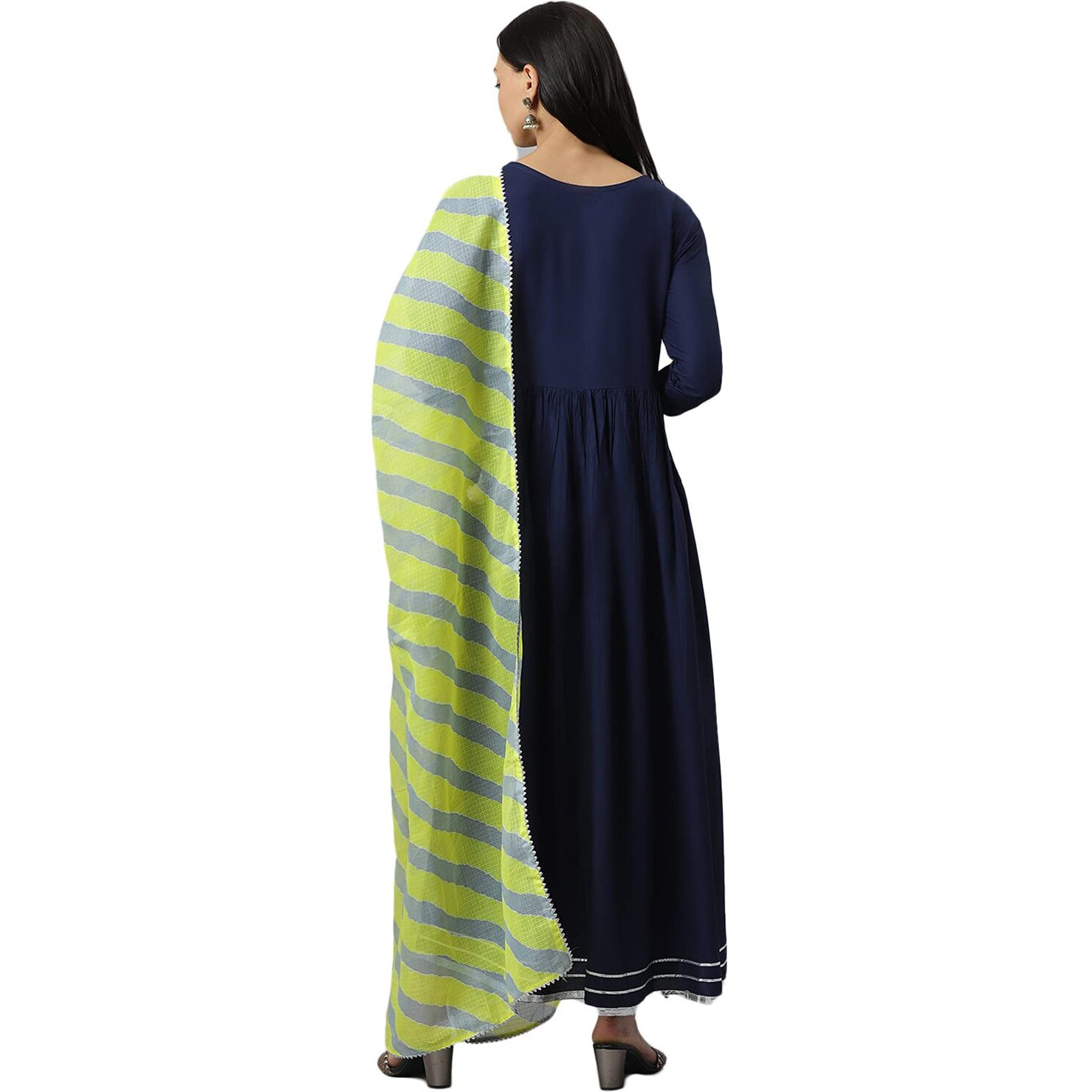 Stylum Women's Solid Rayon Angrakha Kurta Dupatta Set (Kdlehernavy38_Navy Blue, M)