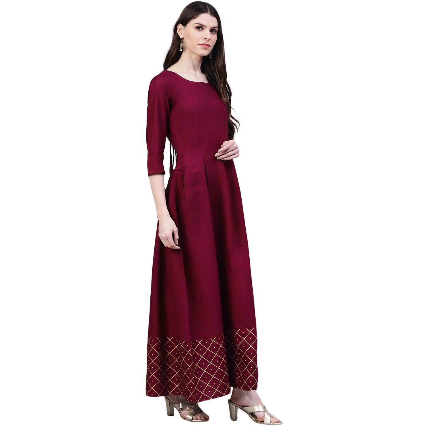 Stylum Women's Checkered Rayon Flared Kurta with Dupatta Set (Winetrianglekdset44_Wine, XXL)