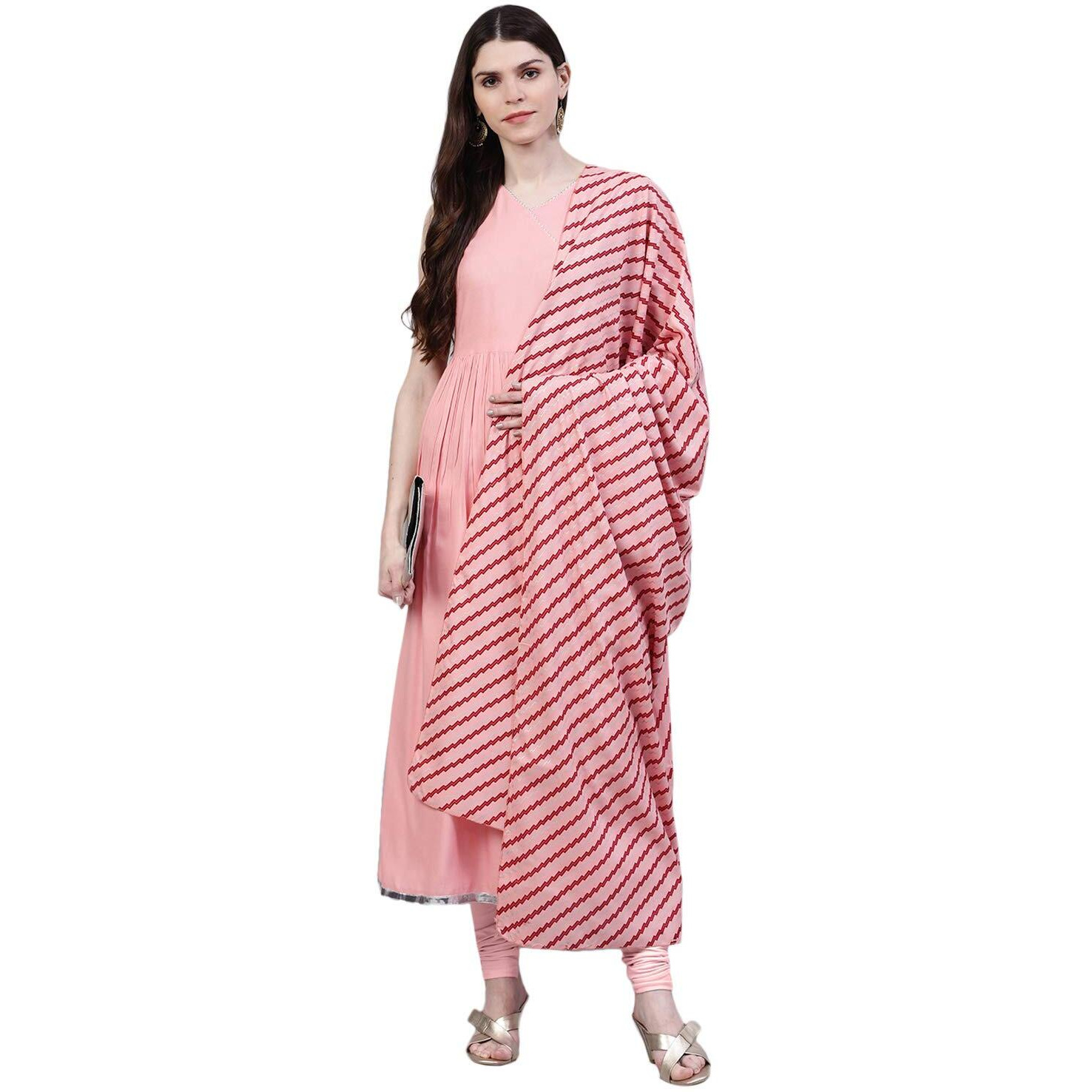 Stylum Women's Solid Rayon Flared Kurta Dupatta Set (Bunnypinkkdset44_Light Pink, XXL)