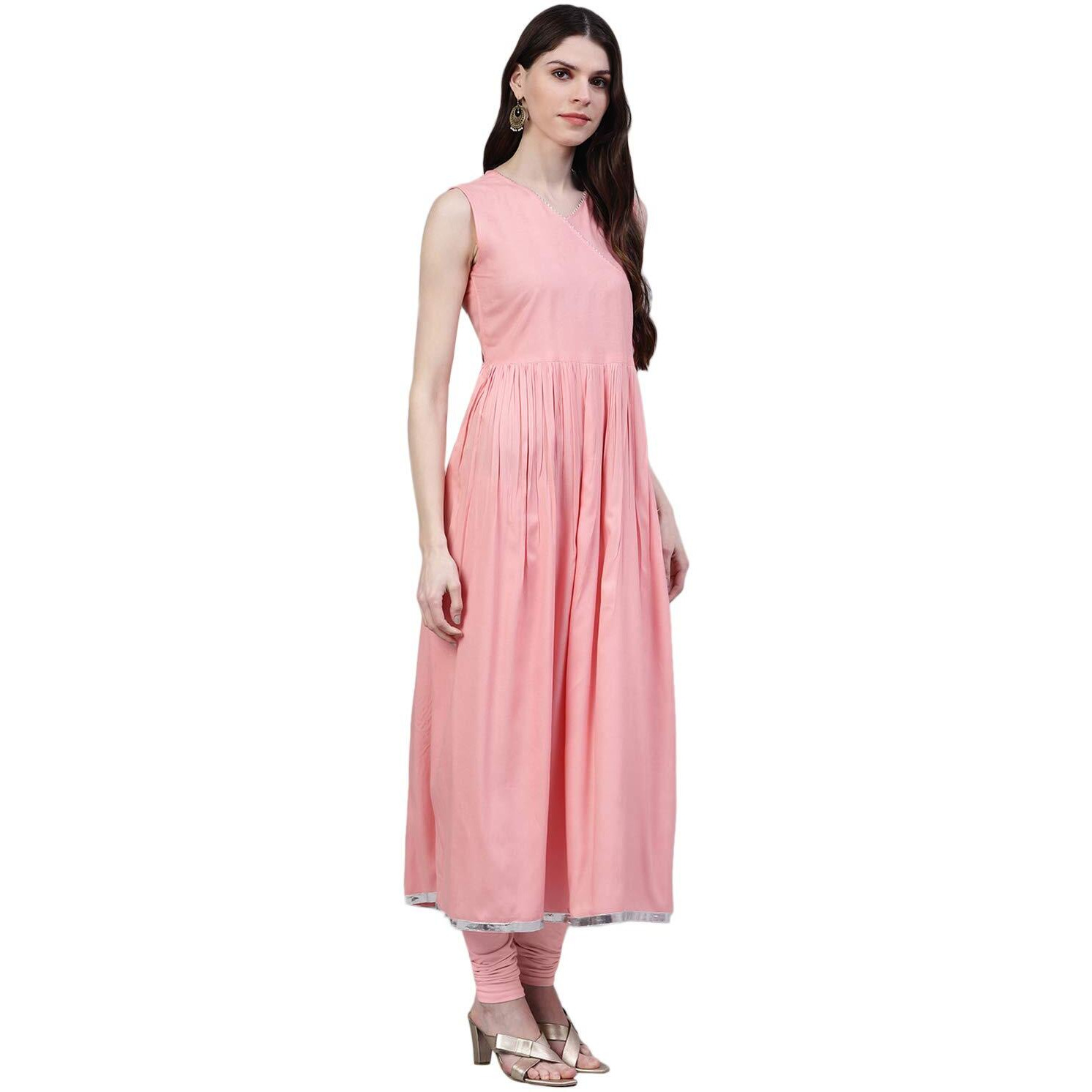 Stylum Women's Solid Rayon Flared Kurta Dupatta Set (Bunnypinkkdset44_Light Pink, XXL)