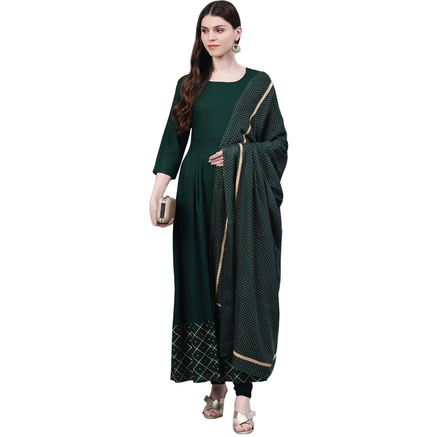Stylum Women's Checkered Rayon Flared Kurta with Dupatta Set (Greentrianglekdset38_Dark Green, M)