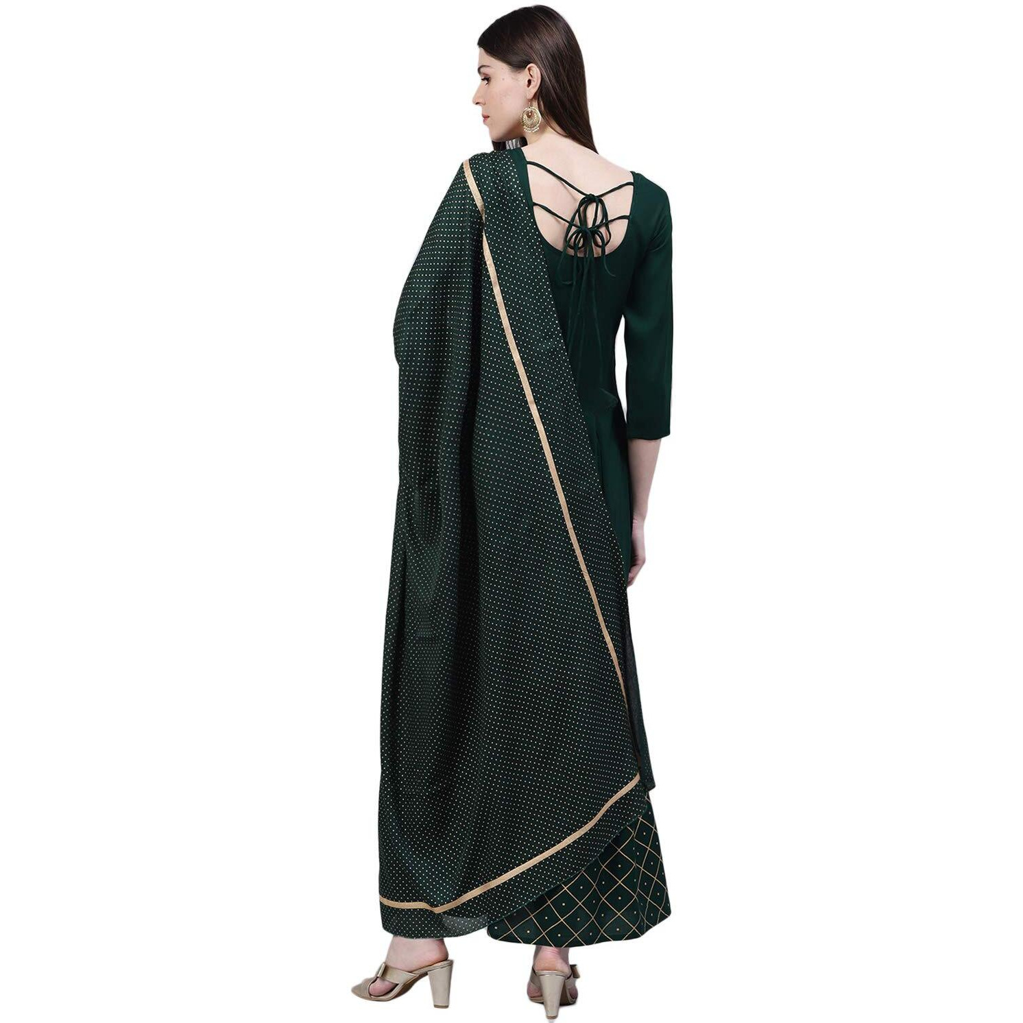 Stylum Women's Checkered Rayon Flared Kurta with Dupatta Set (Greentrianglekdset38_Dark Green, M)