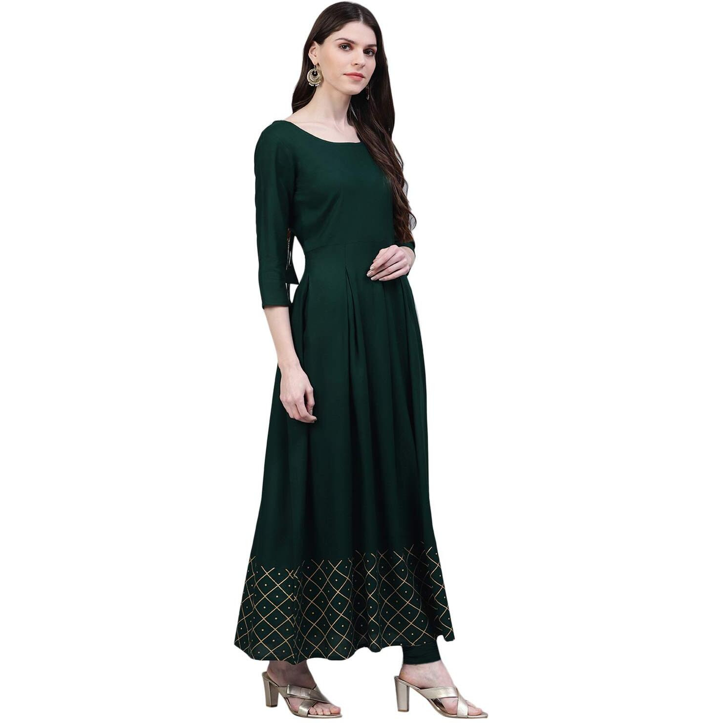 Stylum Women's Checkered Rayon Flared Kurta with Dupatta Set (Greentrianglekdset38_Dark Green, M)