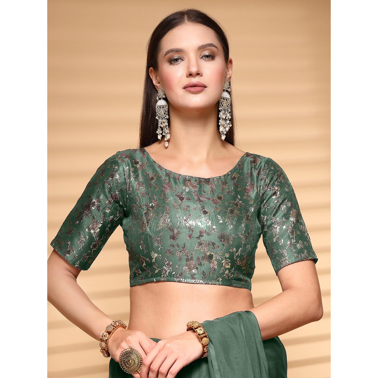 OOMPH Readymade Blouse for Women, Brocade, Boat Neck, rbbl530