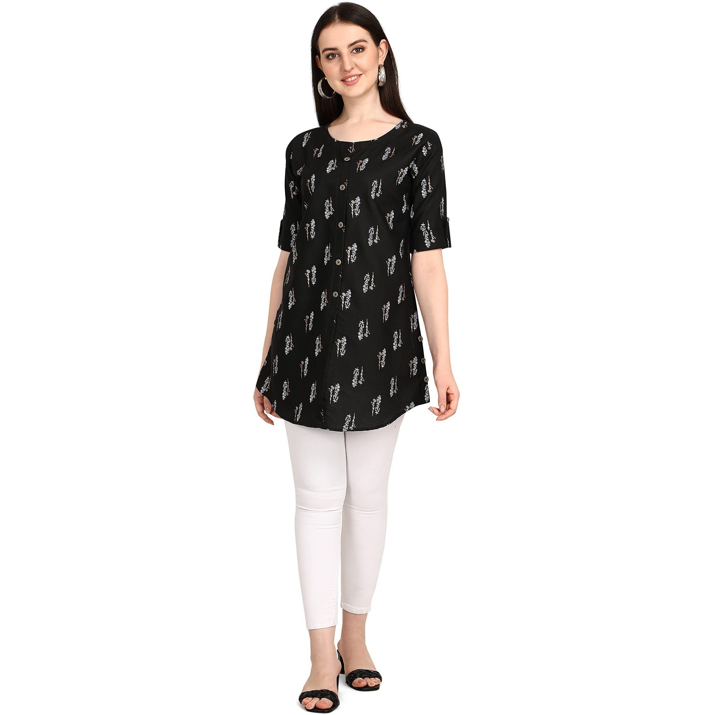 Leriya Fashion Rayon Fabric Printed Round Neck Short Kurtis for Women Top Dresses Kurti for Girls & Ladies Kurtis (Large, Black)