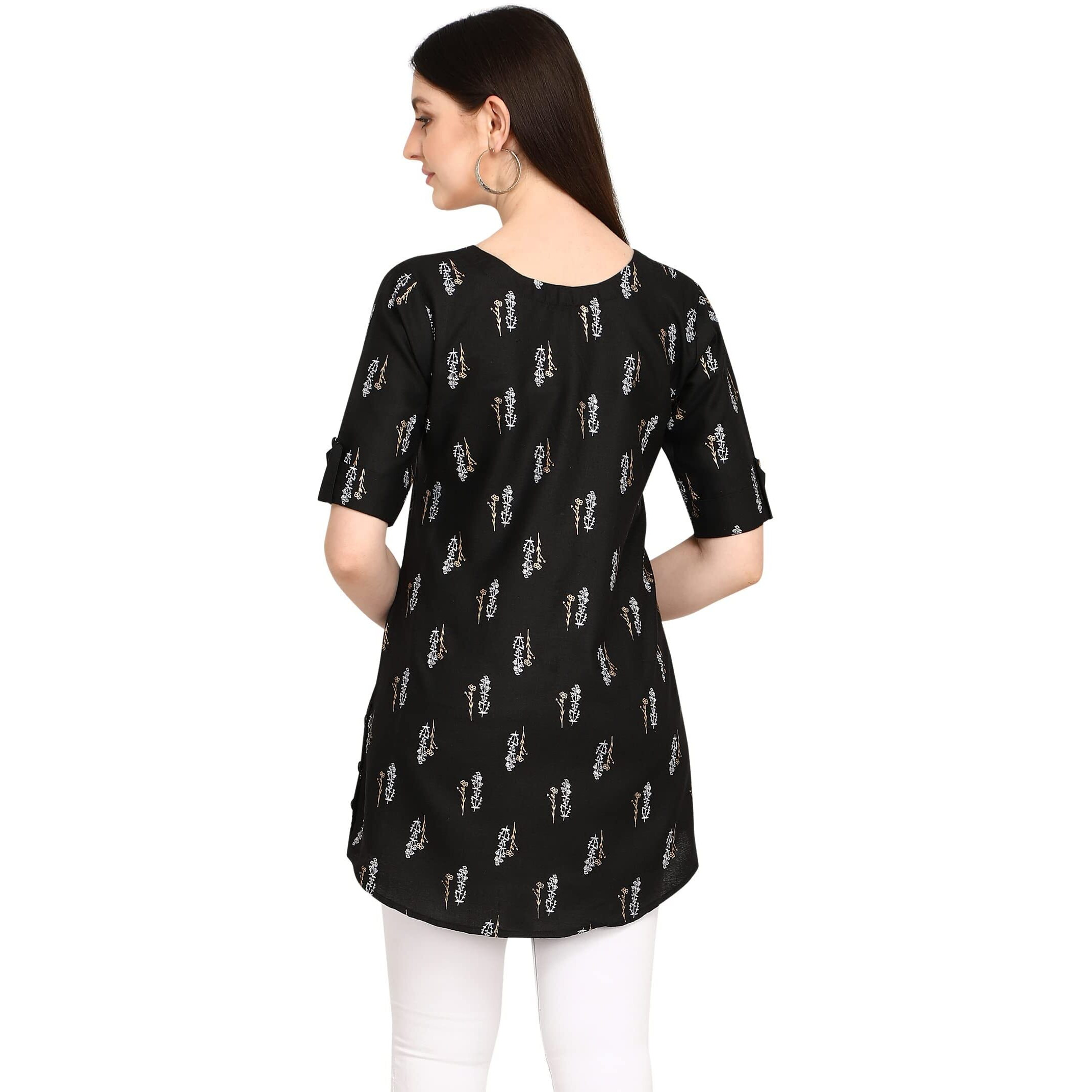Leriya Fashion Rayon Fabric Printed Round Neck Short Kurtis for Women Top Dresses Kurti for Girls & Ladies Kurtis (Large, Black)