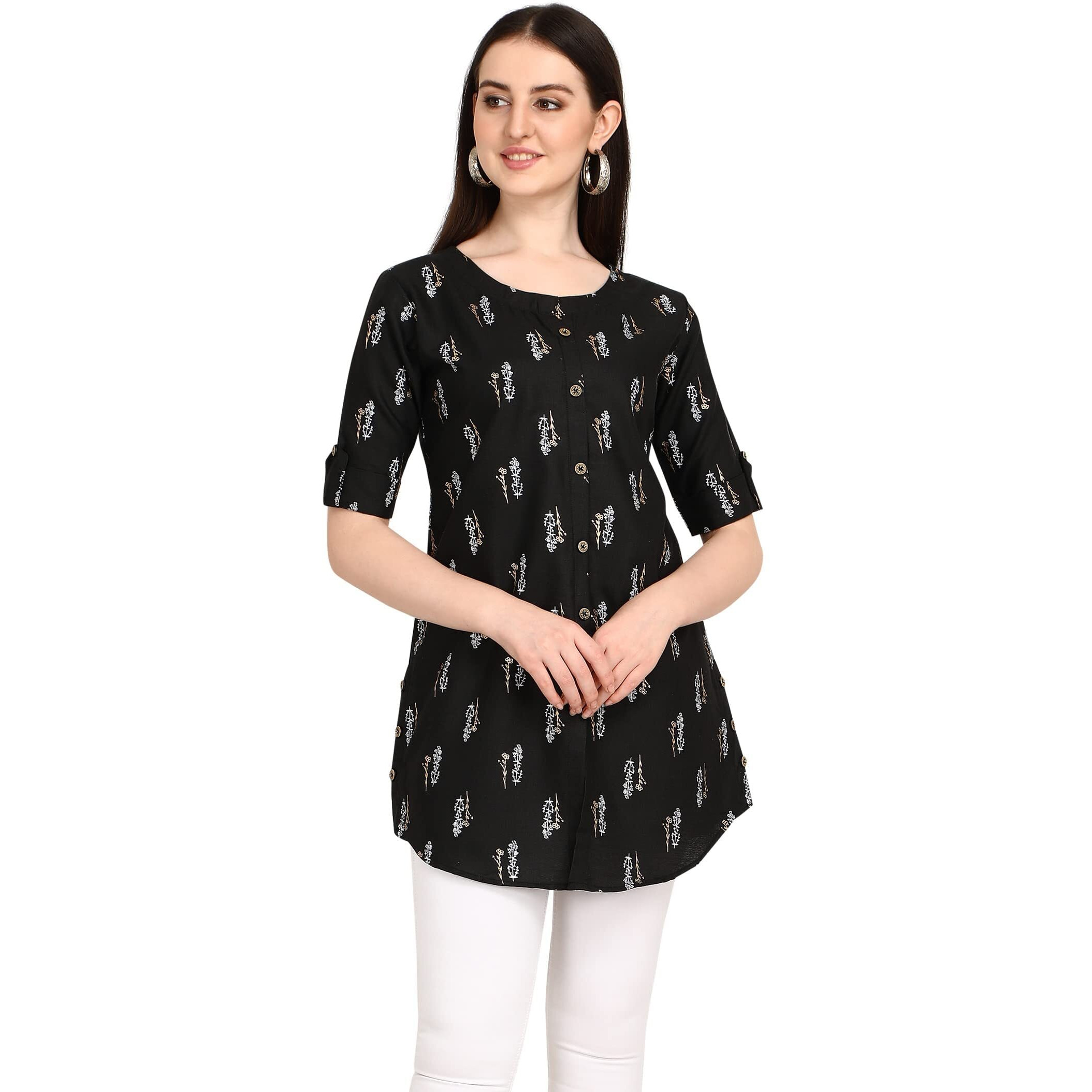 Leriya Fashion Rayon Fabric Printed Round Neck Short Kurtis for Women Top Dresses Kurti for Girls & Ladies Kurtis (Large, Black)
