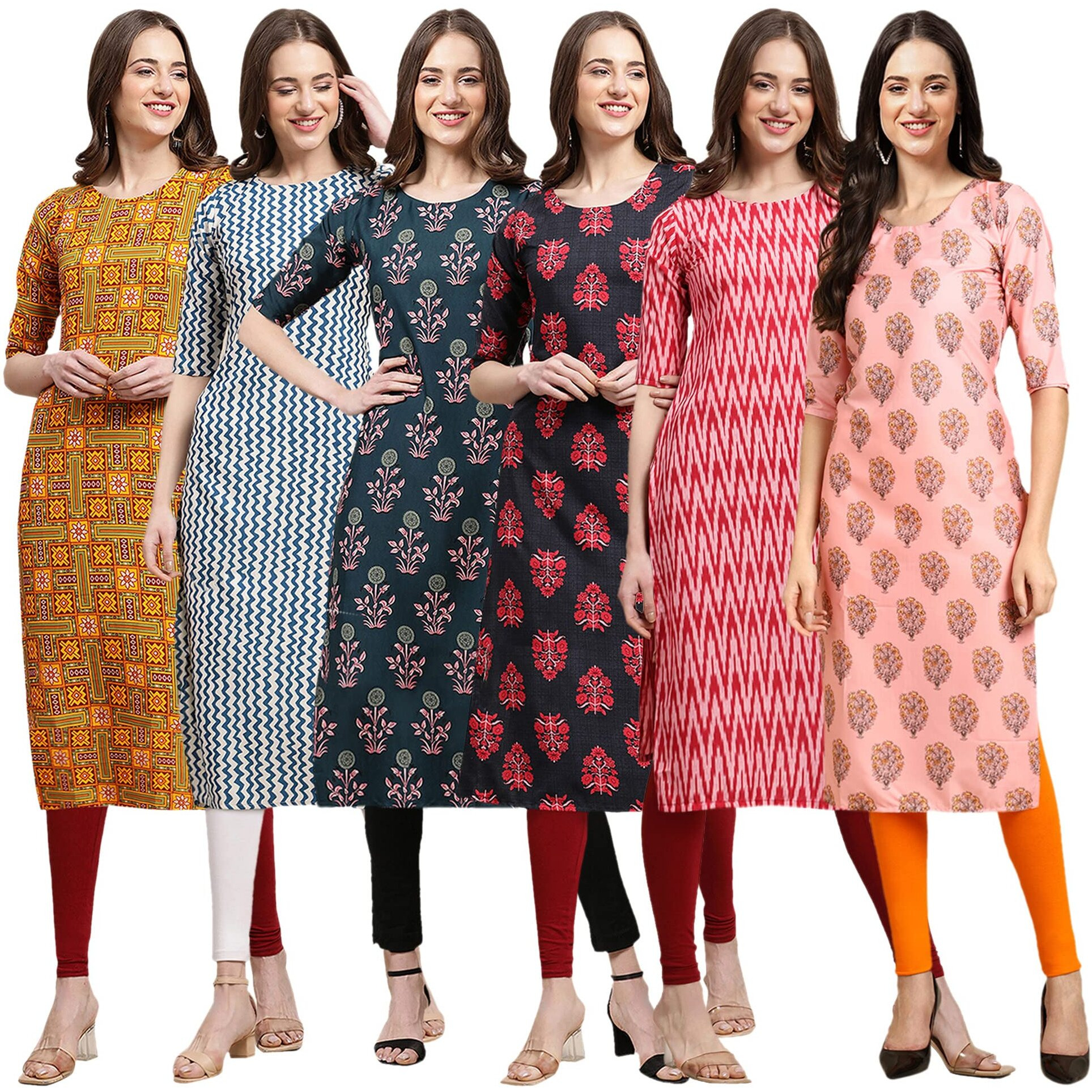 Pinkmint Women's Crepe Digital Print Straight Kurta(Pack of 6)[QV-333-331-335-345-328-368-XXL]