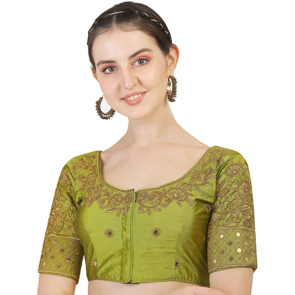 Vihu Fashion Women's Silk Floral Half Sleeve Blouse (gwaliya Blouse_Light Green_38)