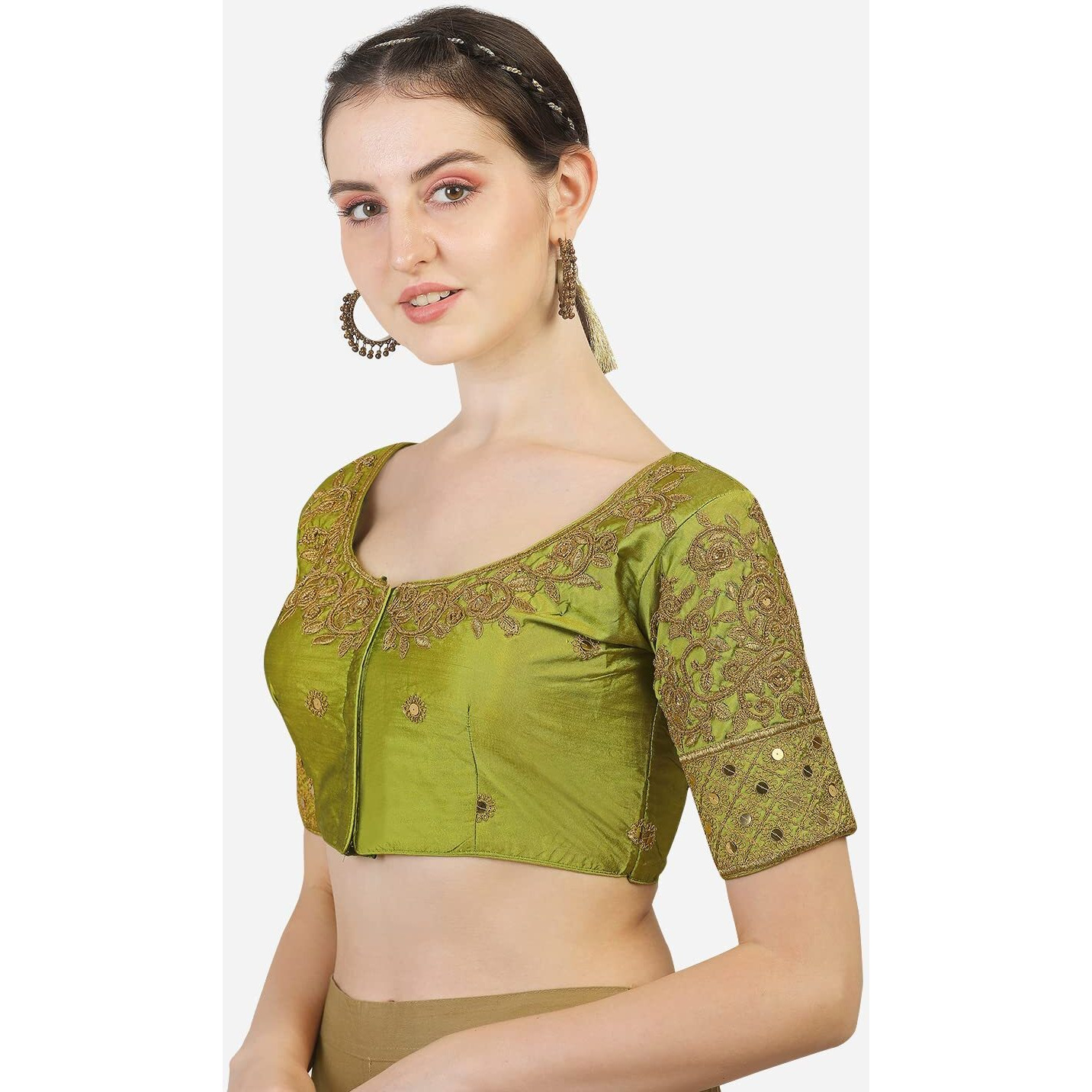 Vihu Fashion Women's Silk Floral Half Sleeve Blouse (gwaliya Blouse_Light Green_38)