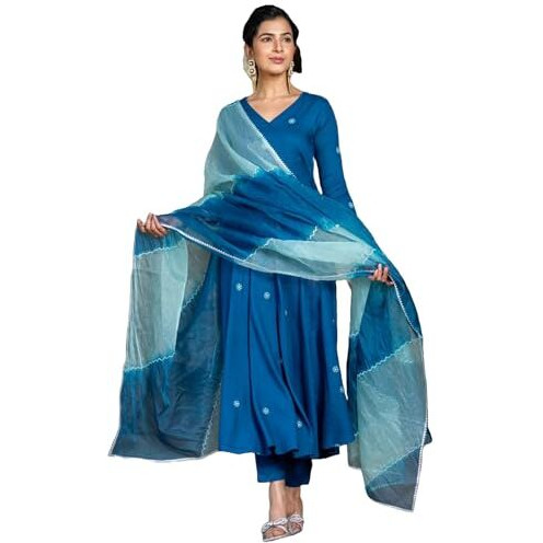 ANNI DESIGNER Women's Cotton Blend Anarkali Embroidered Kurta with Pant & Dupatta (GSK-Cerosin_M_Blue_Medium)